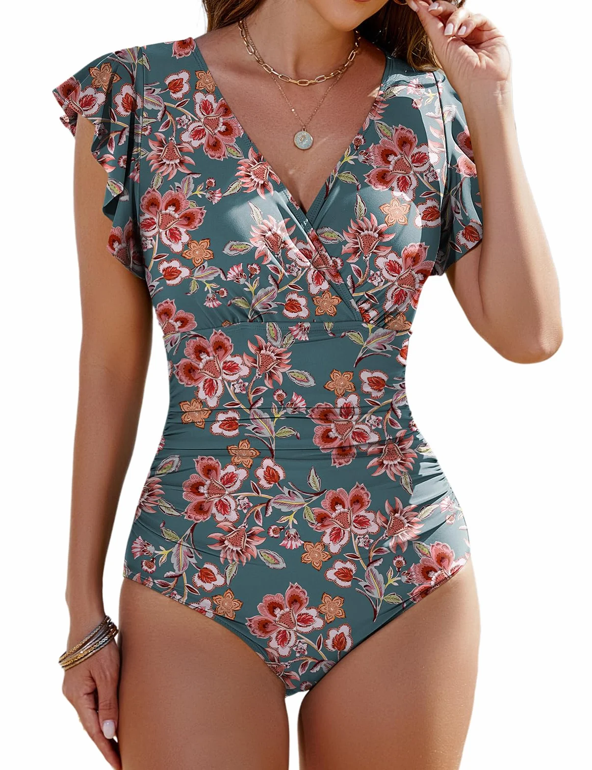 Yuson Bañadores Mujer de Una Pieza Reductores Cuello en V Fruncido Trajes de Baño Sexy Monokini Talla Grande