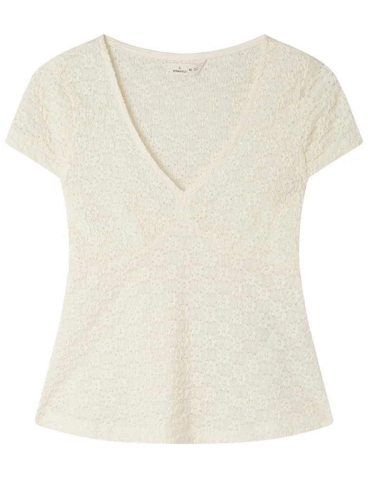 Springfield V Neck Top with Lace Details Soft Gathering Under Chest Camiseta Mujer