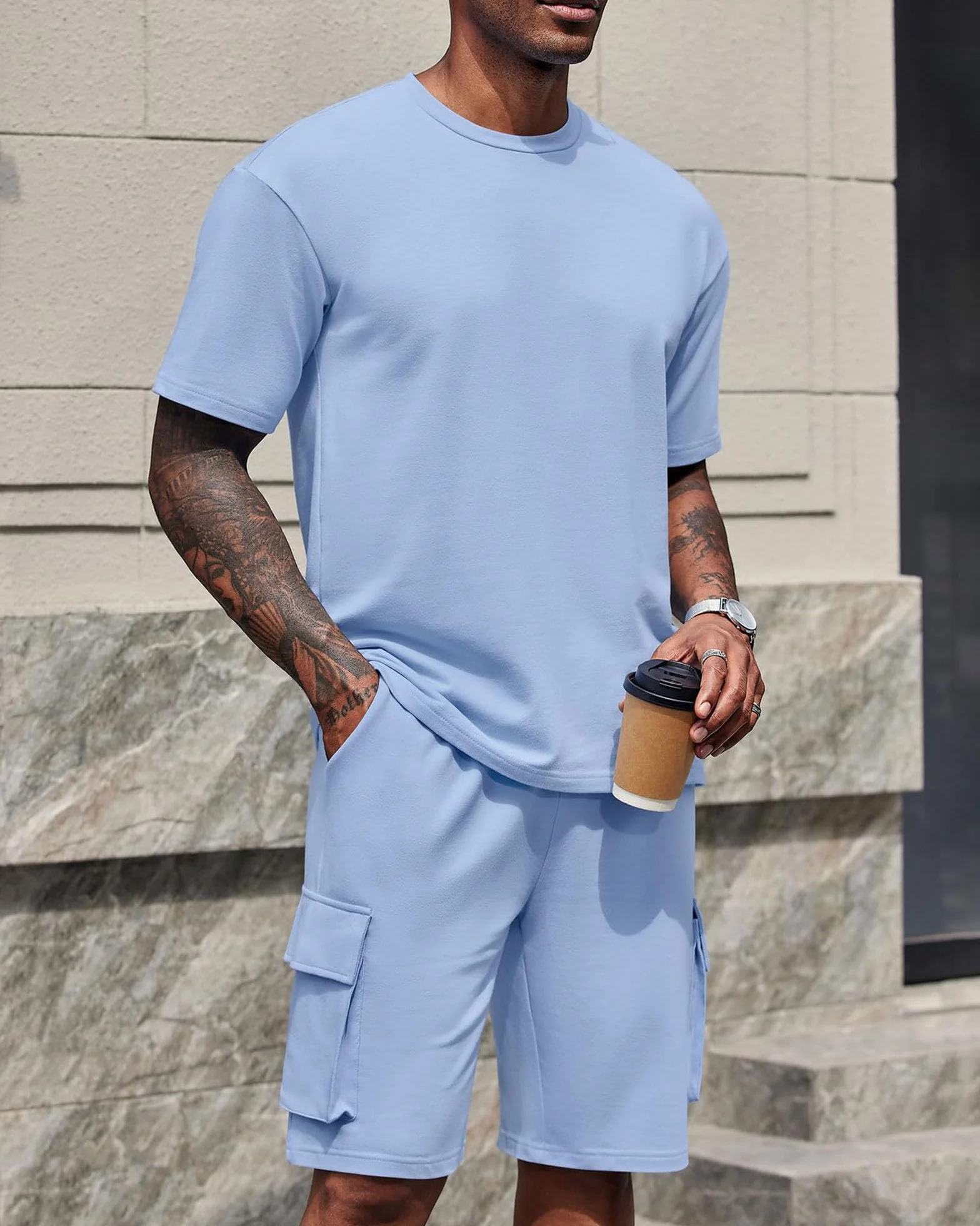 Conjunto de Verano Hombre 2 Piezas Chándal Camiseta Manga Corta Pantalones Cortos Cargo