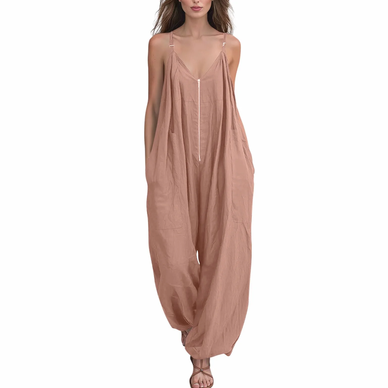 Monos Largo de Cuello en V con Media Cremallera para Mujer Sueltos Casual Overol de Pinerna Ancha con Bolsillos Cómodo Mameluco Sin Mangas Baggy Jumpsuit Playa