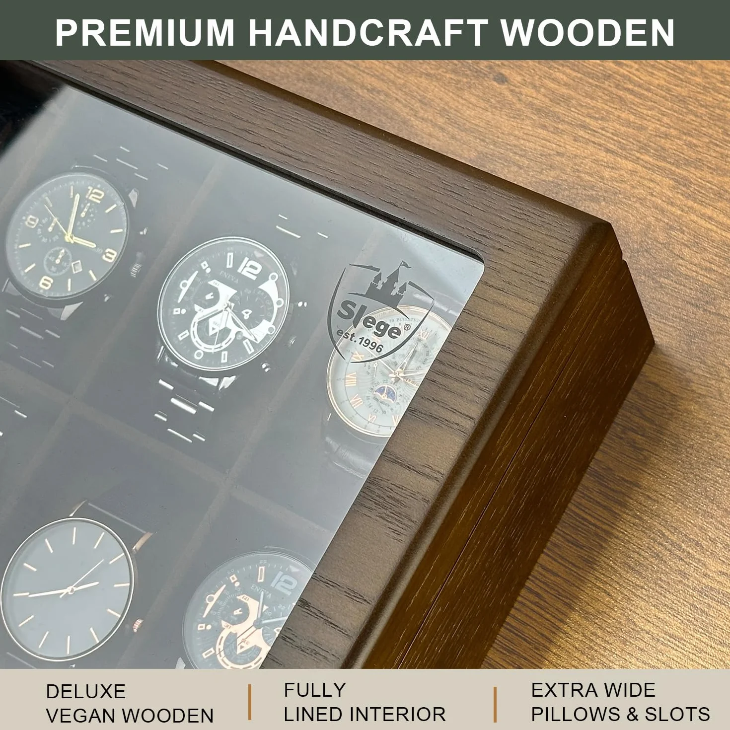Caja de Relojes de Madera con 12 Ranuras, Estuche Relojero Organizador con Tapa de Cristal y Cojín Extraíble