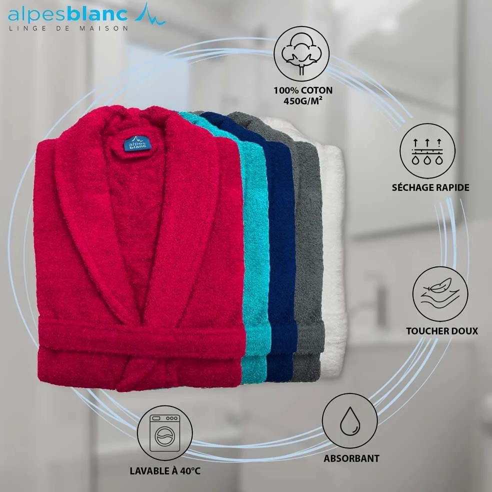 Alpes Blanc - Albornoz de baño con cuello de chal - mixto - 100% algodón 450 g/m² - Suave y absorbente - Estilo clásico y atemporal - Secado rápido