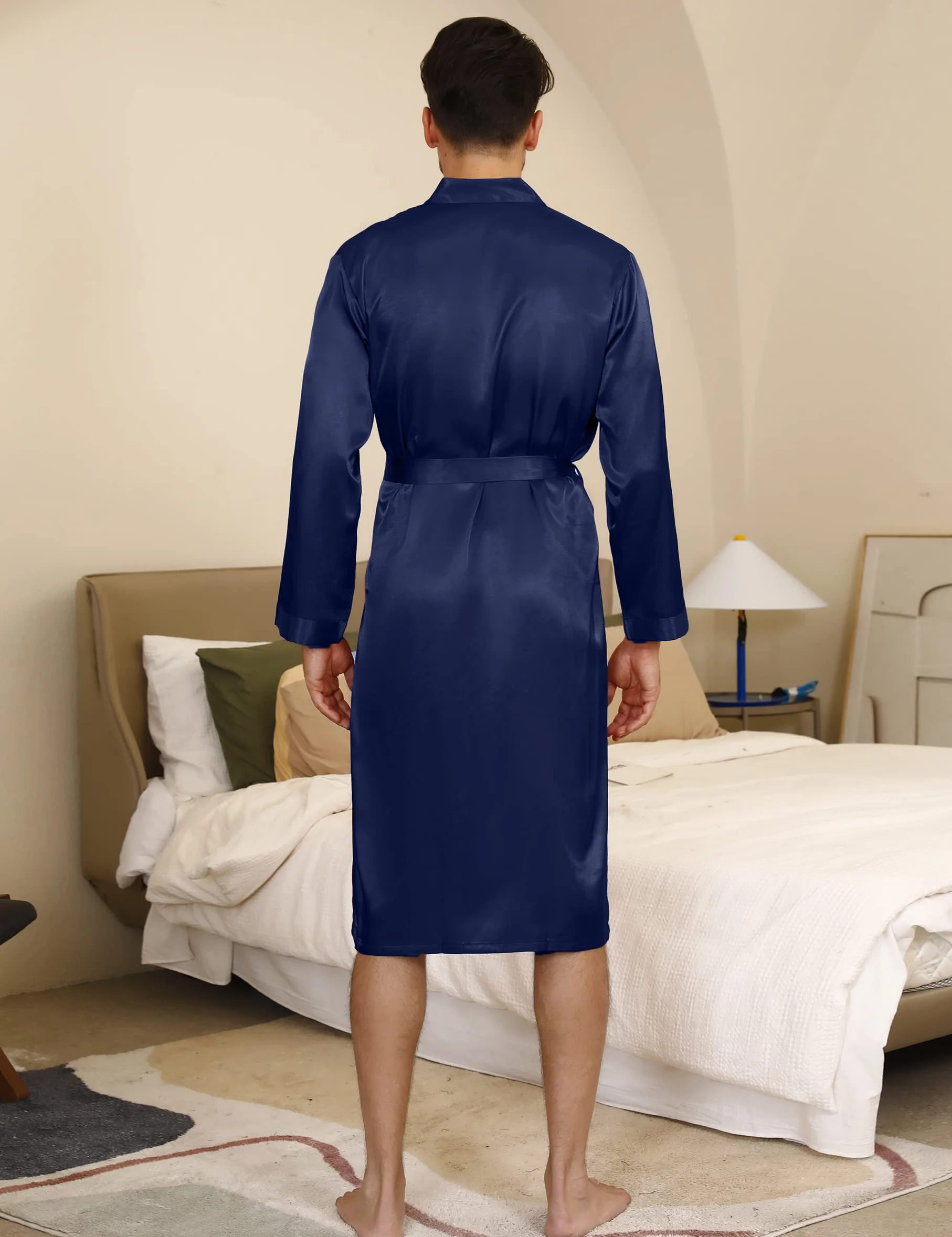 Bata de Hombre Verano Kimono Satén Baño Larga Casa Pijama Seda