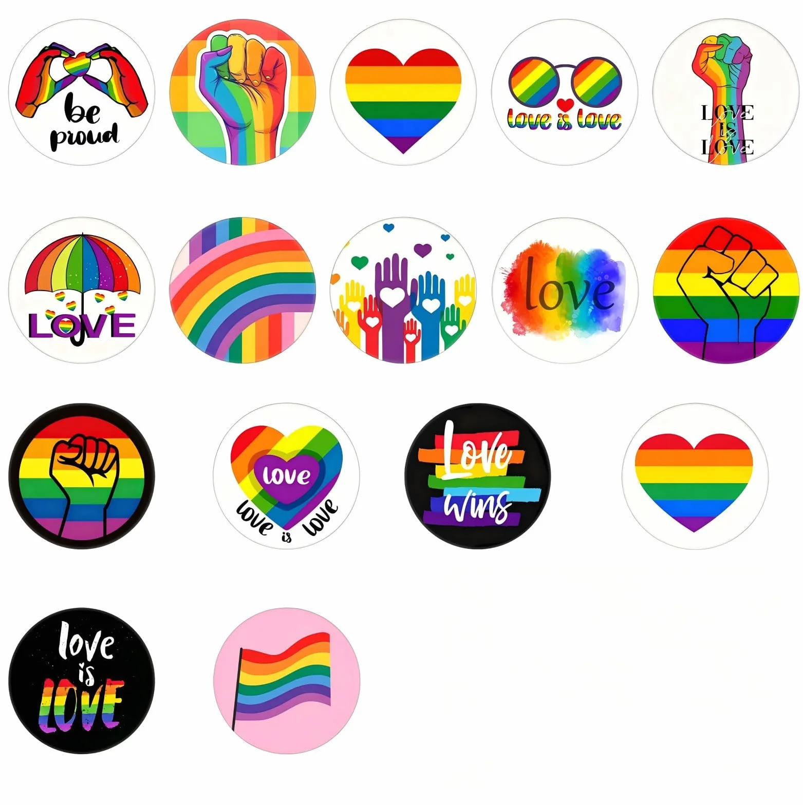 Insignias LGBTQ 16 Piezas 44MM, Pines Acero Inoxidable Puño Arcoíris, Set Broches Pride para Ropa