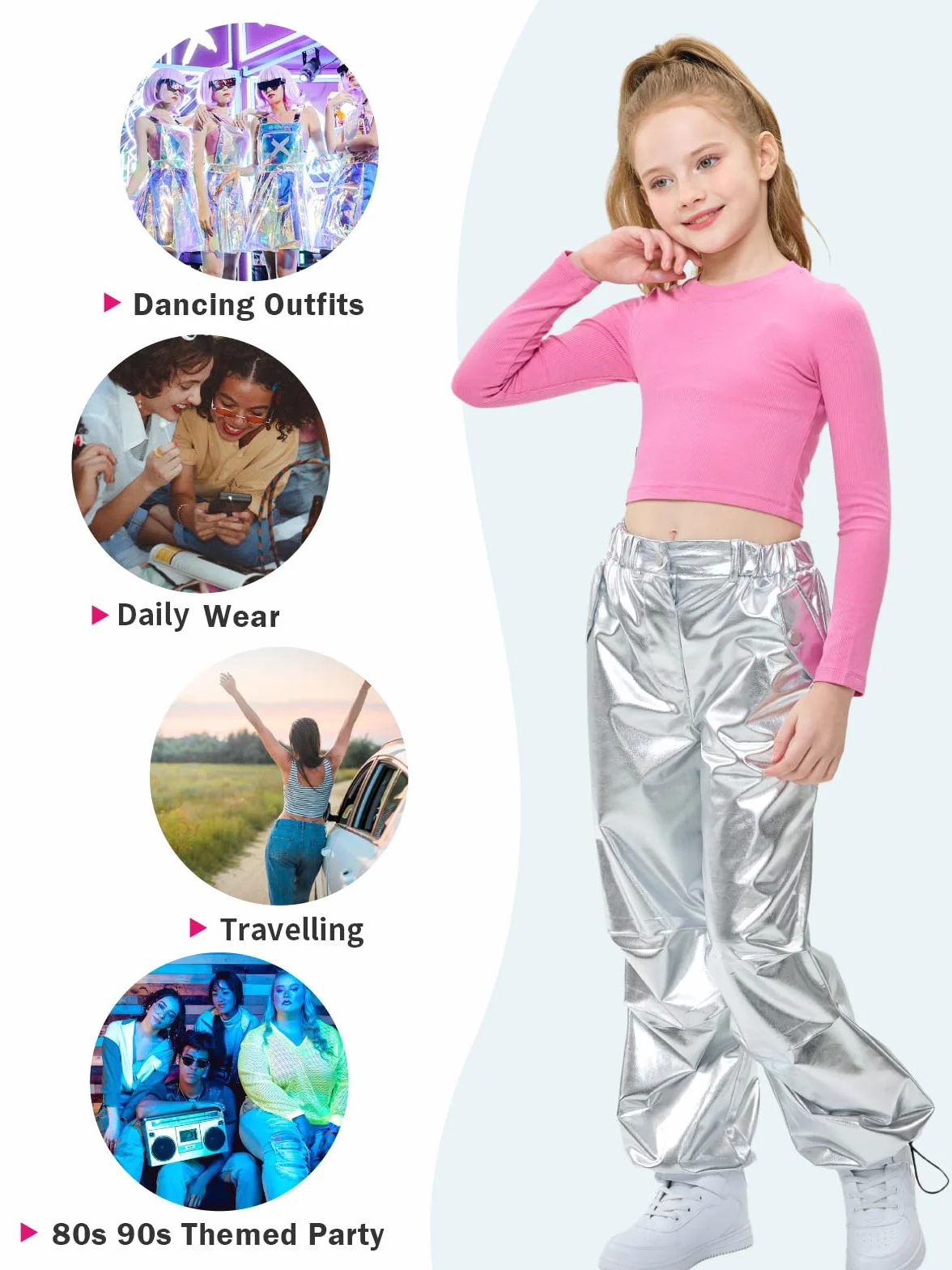 LOLANTA Pantalones de Cuero Metálico Brillante Traje de Baile Hip Hop Retro Cintura Elástica para Niños 6-13 años
