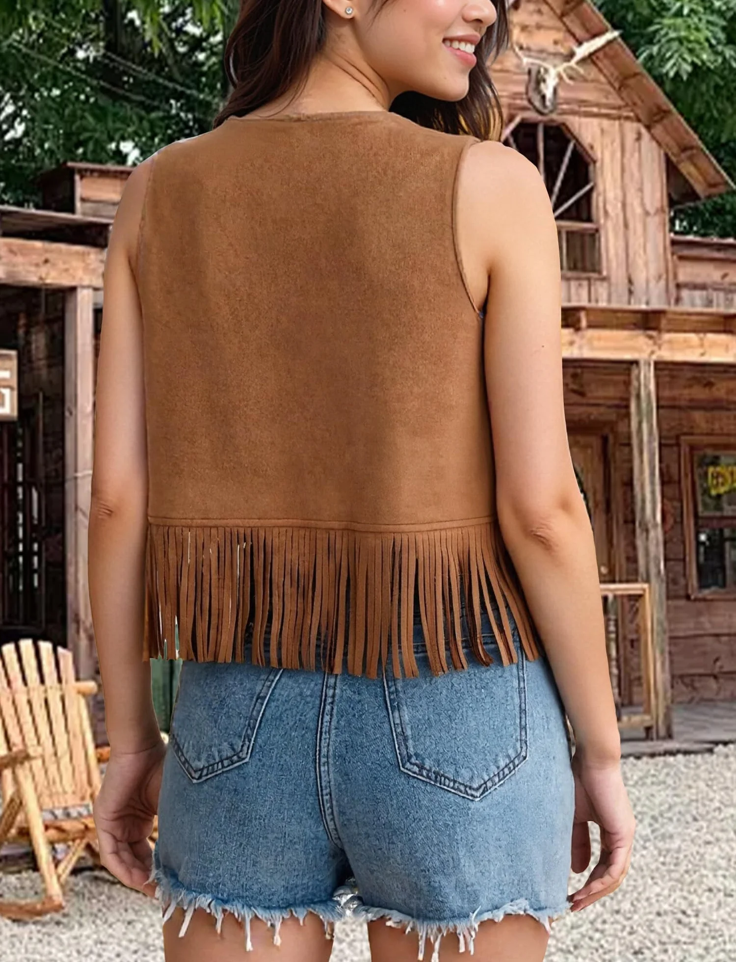Chaleco corto de ante flecos para mujer sin mangas años 70 S-XXL