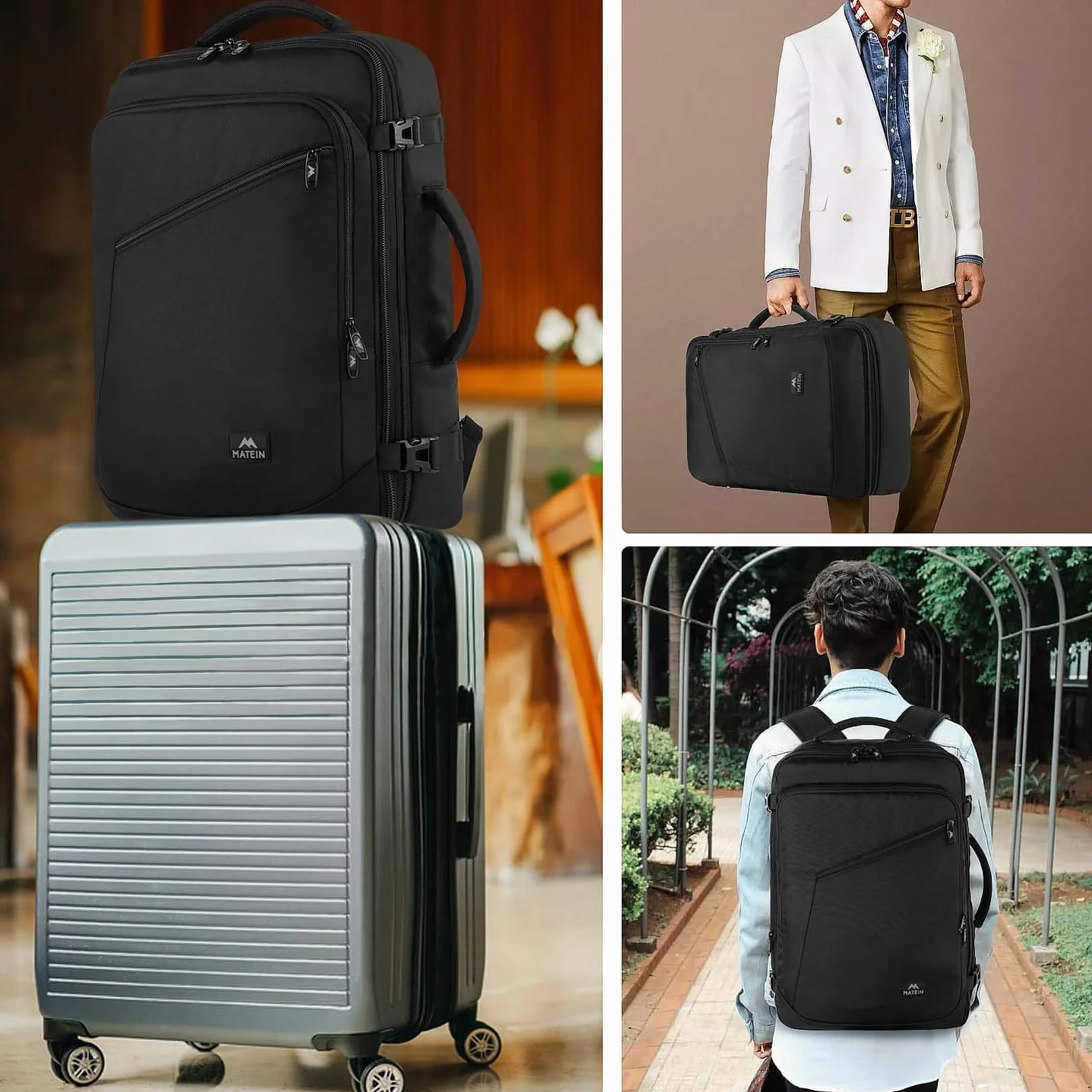 MATEIN Mochila Viaje Cabina Avion 40x30x20 Ryanair Expandible 30L Maletas Cabina 40x20x30 para Mujer y Hombre Equipaje de Mano Negro
