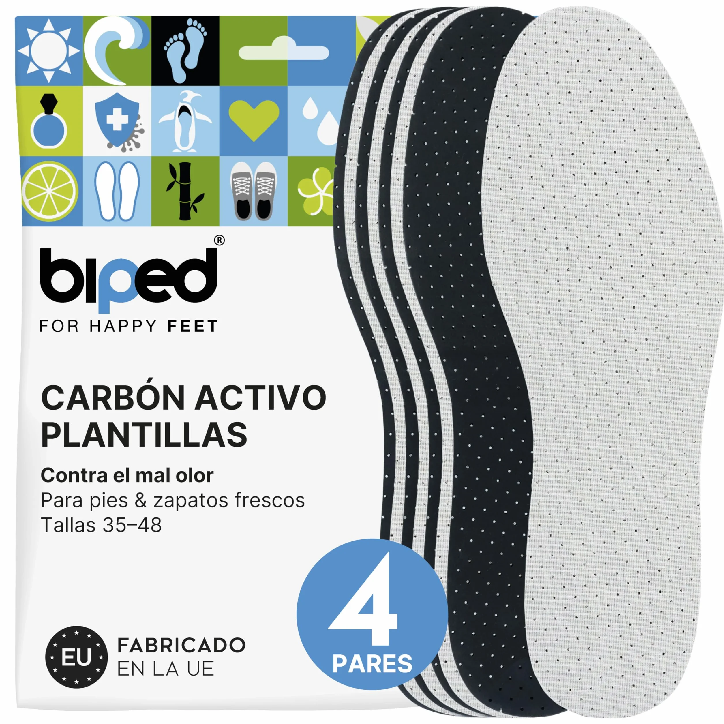Biped 4 Pares Plantillas Carbón Activo Hombre Mujer Sudor Mal Olor Inserciones Látex Suave Zapatos Frescos