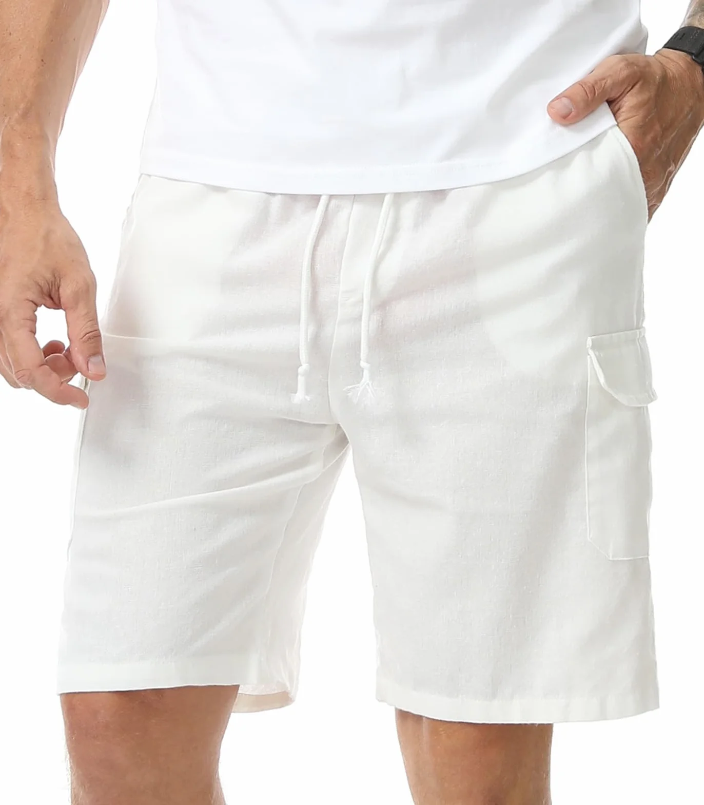 Bermudas Hombre Lino Verano Shorts Cargo Múltiples Bolsillos Cintura Elástica