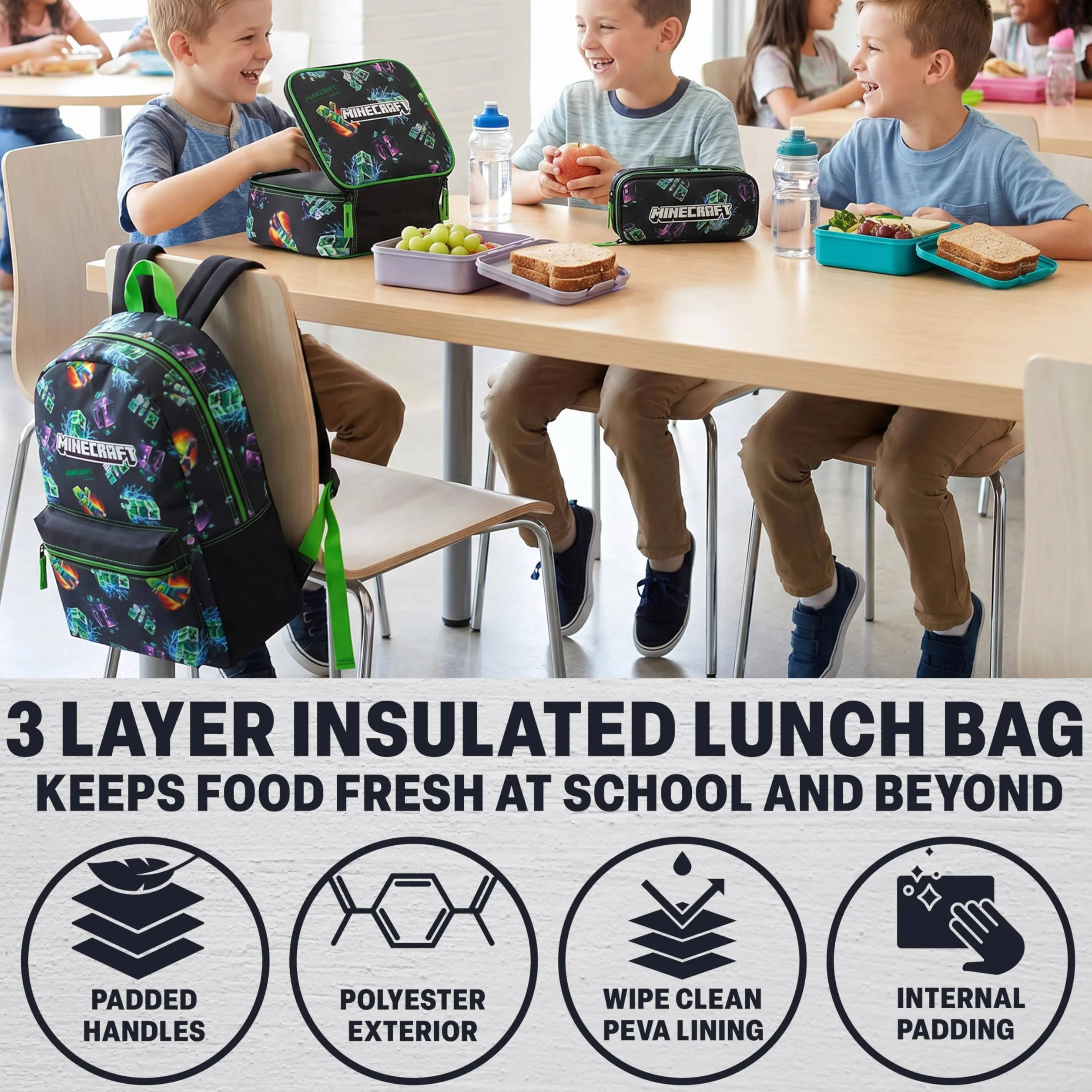 Minecraft Mochila Niños Set 3 Piezas Estuche Escolar Bolsa Almuerzo Mochila Completa Colegio Ocio Regalo Niños Multi Creeper