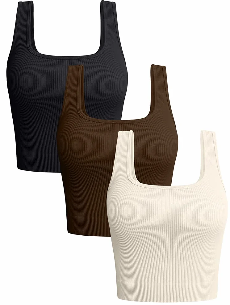 OQQ 3 Piezas Corto Top para Mujer Sin Mangas Cuello Cuadrado Básico Deportiva Ajustados Tank Tops