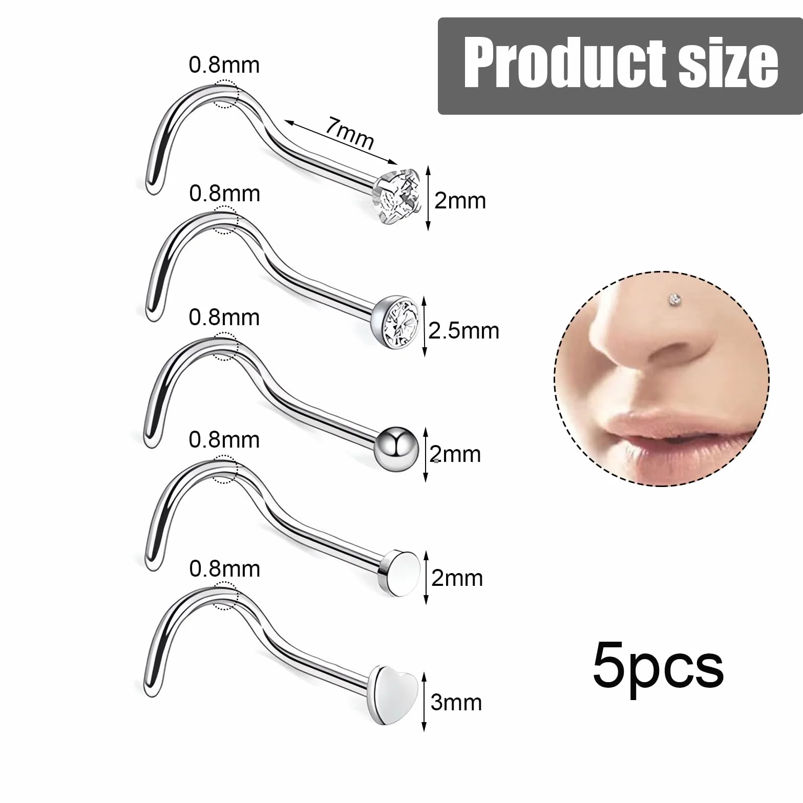 Piercing nariz plata 20G acero quirúrgico delgada barra de cristal Kit Regalo Mujeres Hombres Niñas