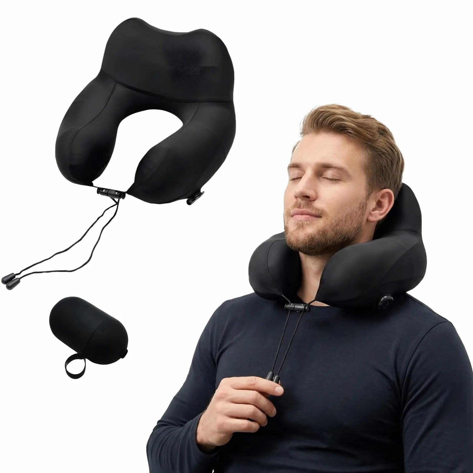 Almohada Cervical Inflable para Avión con Bomba Manual & Estuche | Cervical Elevado 16CM Almohada | Almohada Inflable Avion | Cojin Avion Cervicales