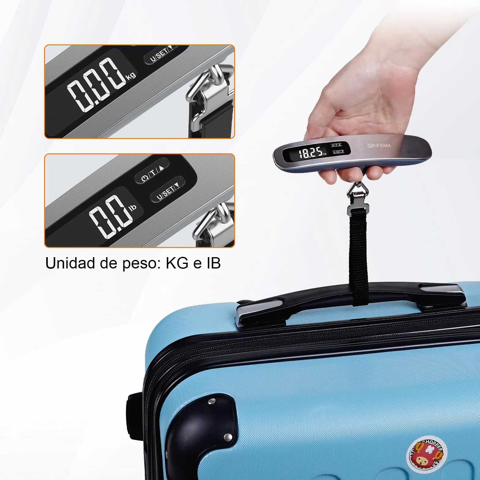 GRIFEMA GA2006 Báscula Maletas Viaje Portátil, Báscula de Equipaje con Pantalla LCD, 110 lb/50 kg, Plata