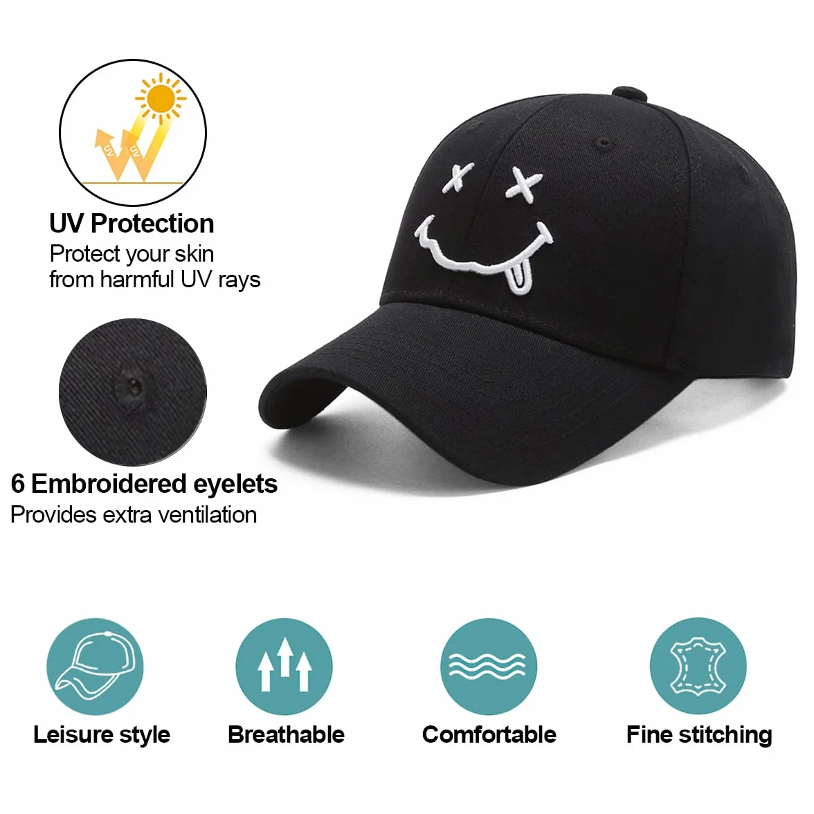 Gorra de béisbol para Hombre Unisex Algodón Ajustable de 6 Paneles 3D Carta Smiling Bordado