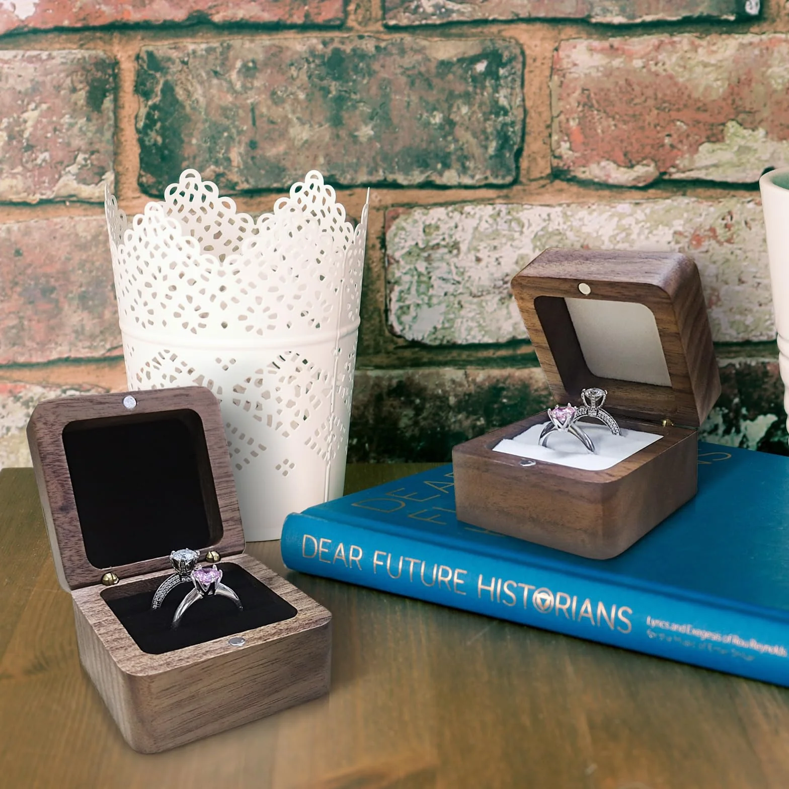 Caja Anillo de Madera Doble Ranura, Joyero Pequeño Cuadrada, Organizador Anillos de Boda (Blanco)