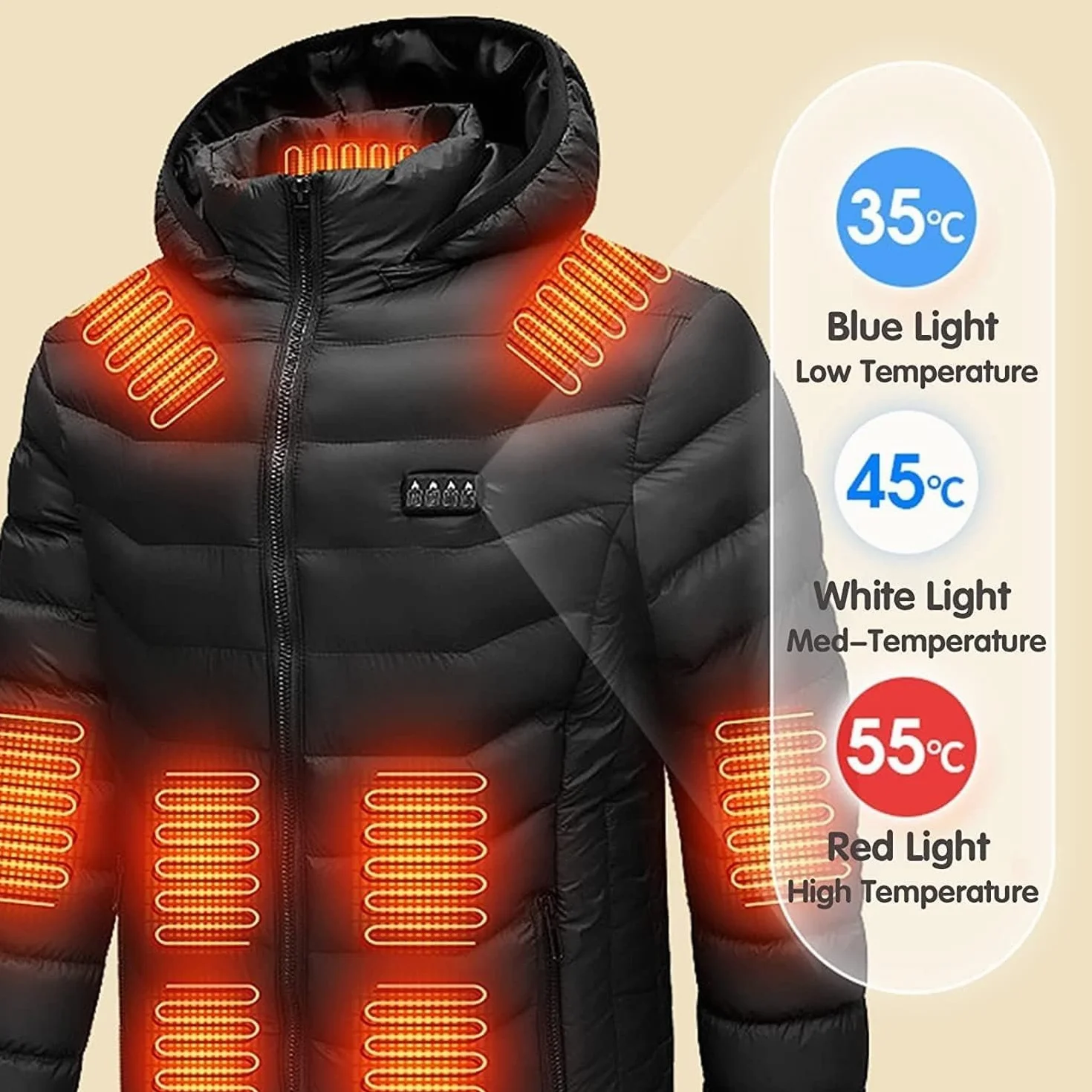 Chaqueta Calefactable Eléctrica 19 Zonas USB Recargable Lavable con Capucha para Hombre Mujer