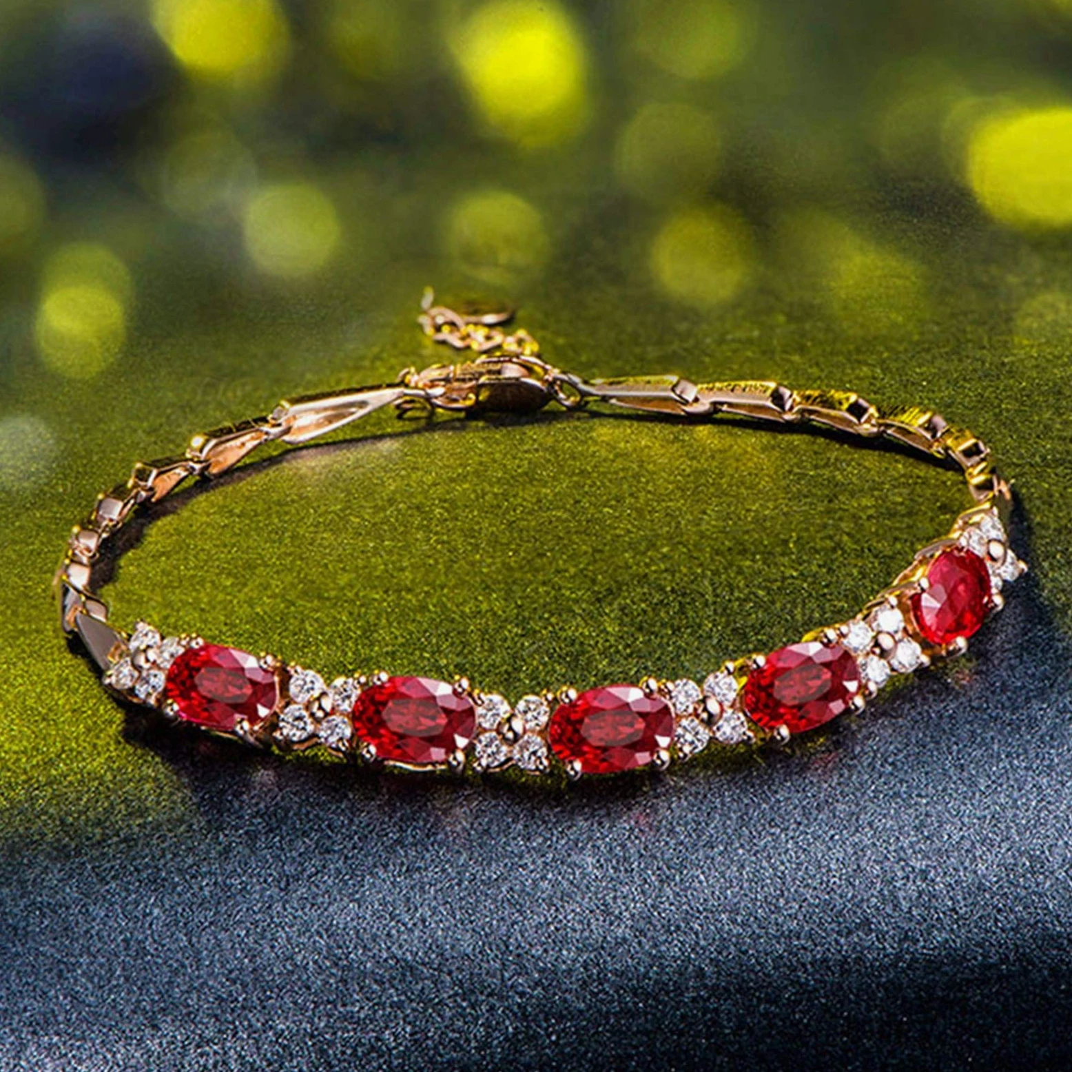 YCTTKDD Pulsera de Oro Rosa Rubí para Mujer, Pulsera de Cadena para Mujer Eslabón de Barra con Pulsera de Rubí 2.31ct 17CM