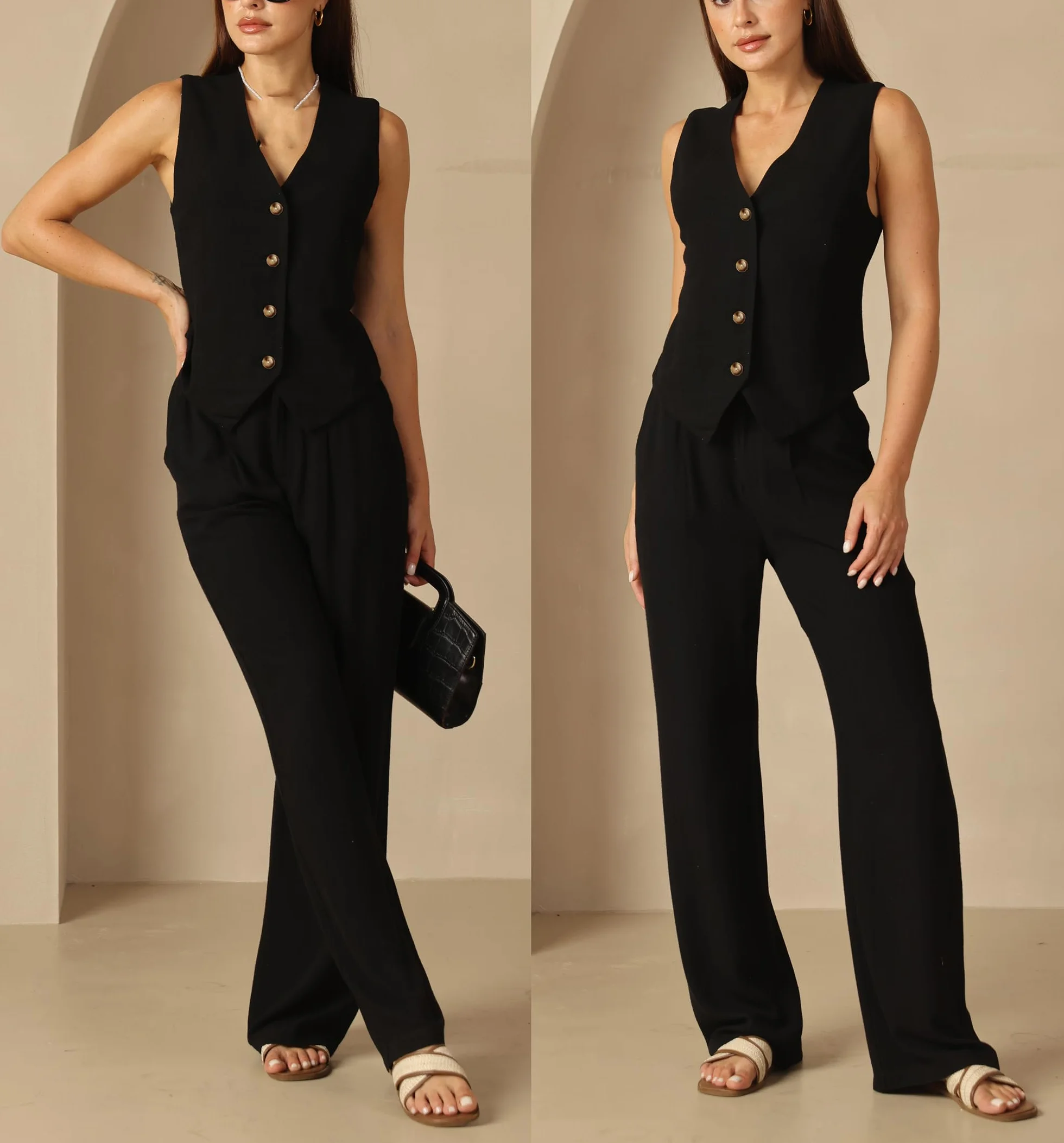 Fakanhui Conjunto de 2 piezas de lino para mujer, pantalones de pierna ancha, ropa de negocios
