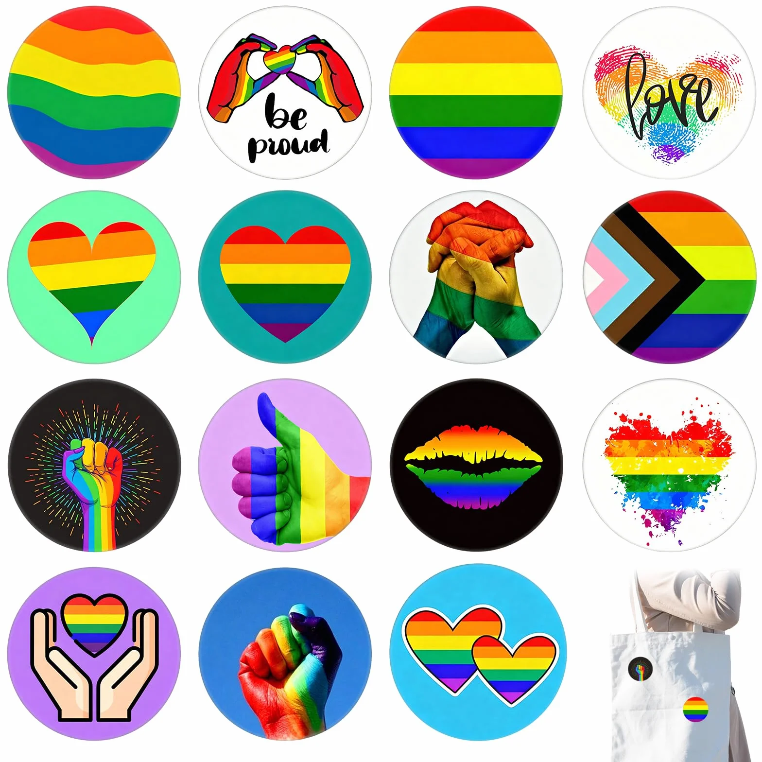 Insignias Orgullo Arcoíris 16 Piezas 44MM, Chapas LGBTQ con Puño Arcoíris, Pines Acero Inoxidable
