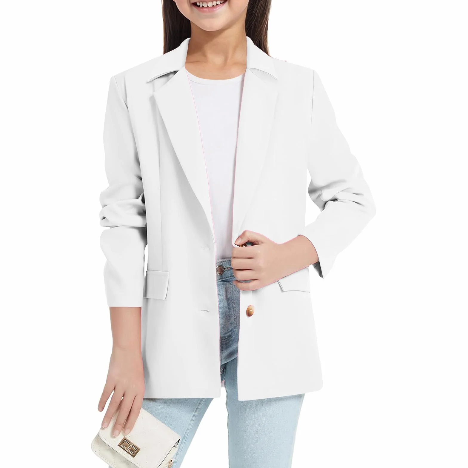Chaqueta blazer para niñas Manga larga Cuello de solapa con bolsillo interior delantero abierto