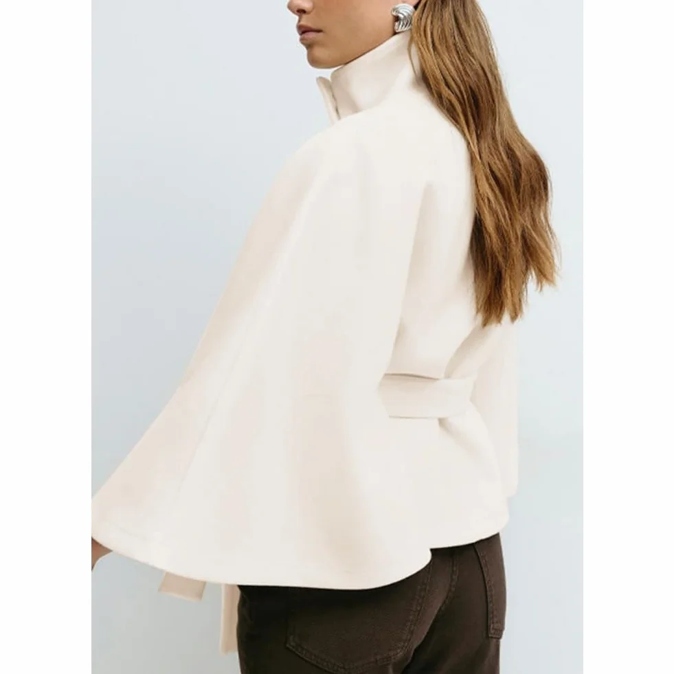Poncho de manga murciélago para mujer abrigo corto invierno cuello alto cinturón