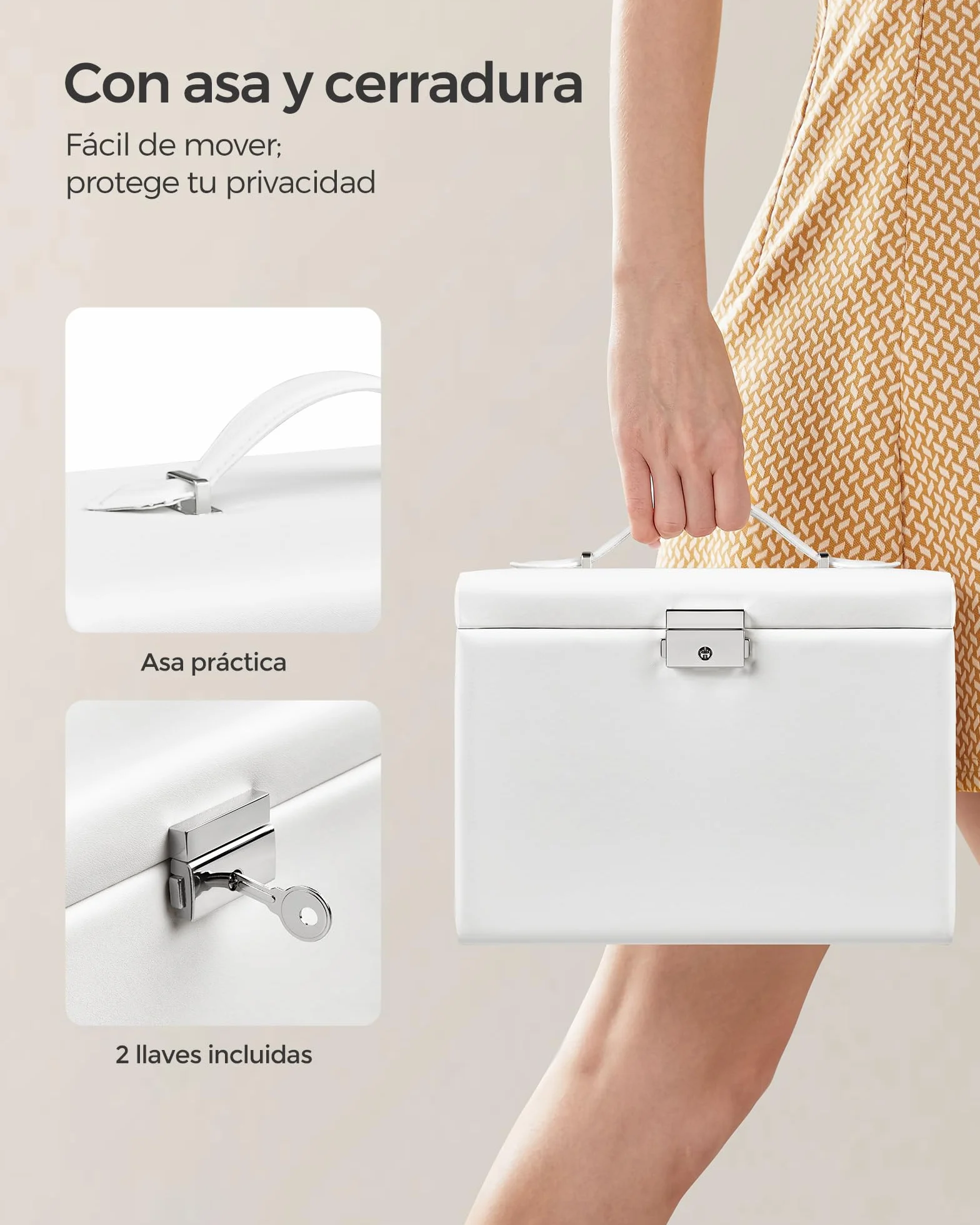 SONGMICS Caja Joyero de 4 Niveles con Asa, 3 Cajones, Espejo, Cerradura, Blanco Nube y Beige Arena JBC159W01