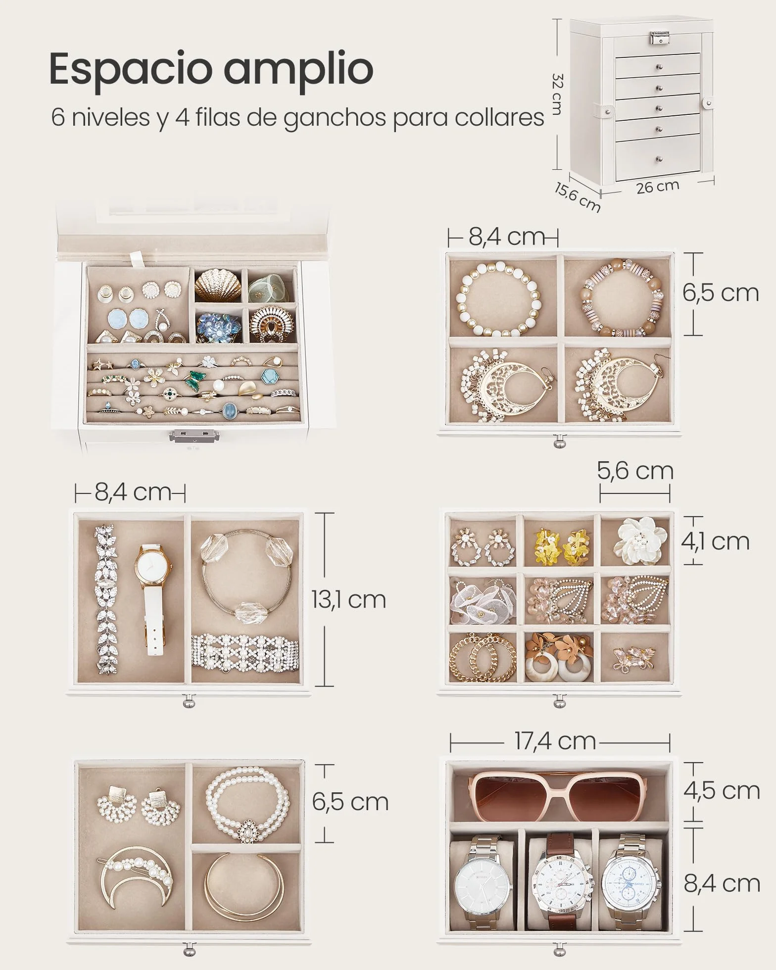 SONGMICS Caja Joyero de 6 Niveles, 5 Cajones, con Espejo y Cerradura, Blanco JBC152W01