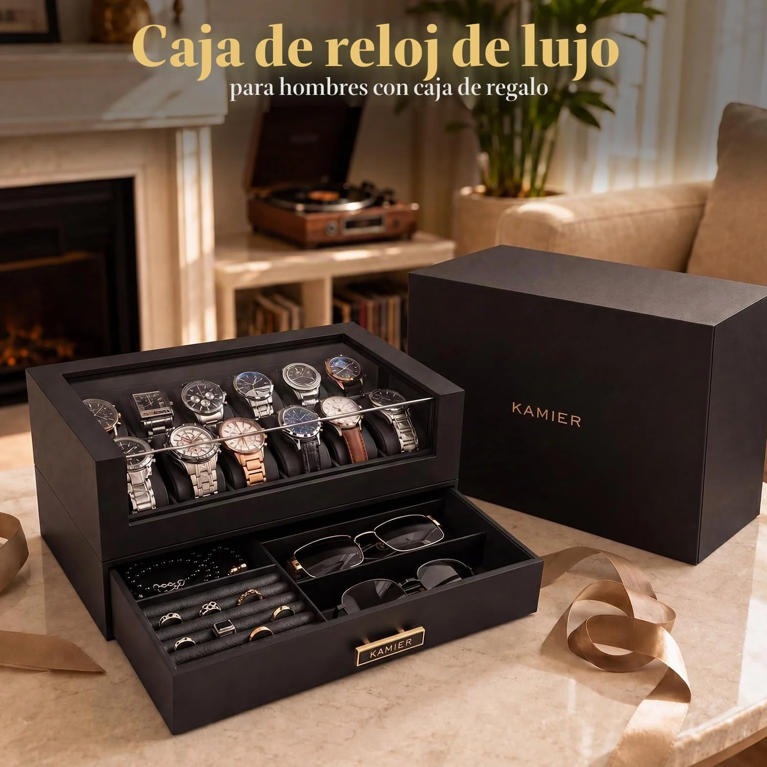 Caja de reloj de madera 12 ranuras con cajón, exhibición con tapa de cristal, soporte 2 capas para almacenamiento de joyas