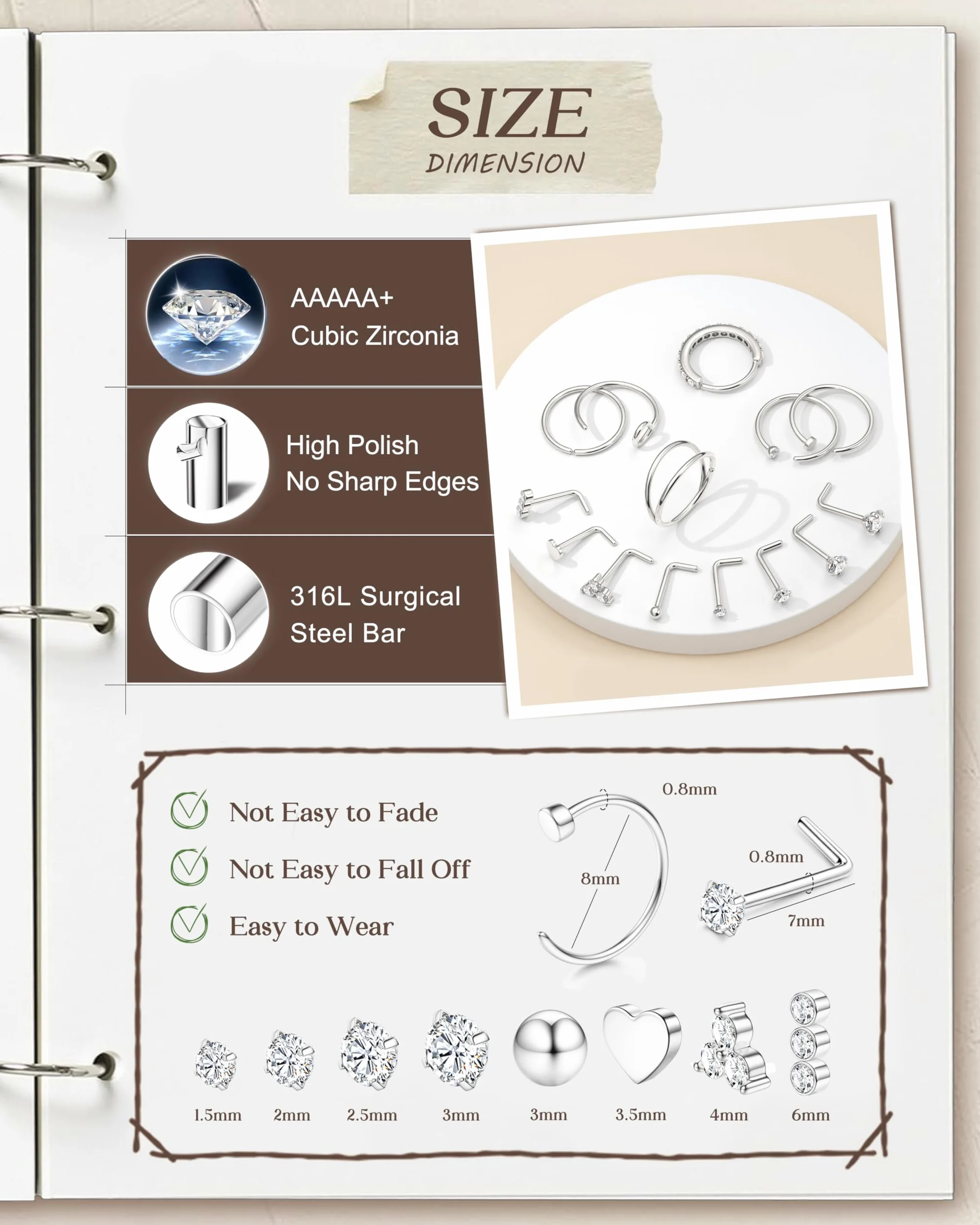 CASSIECA 14 Piezas Piercing Nariz Acero Quirúrgico Forma de L Hipoalergénico Anillos de Nariz Plata Oro Mujer Hombre