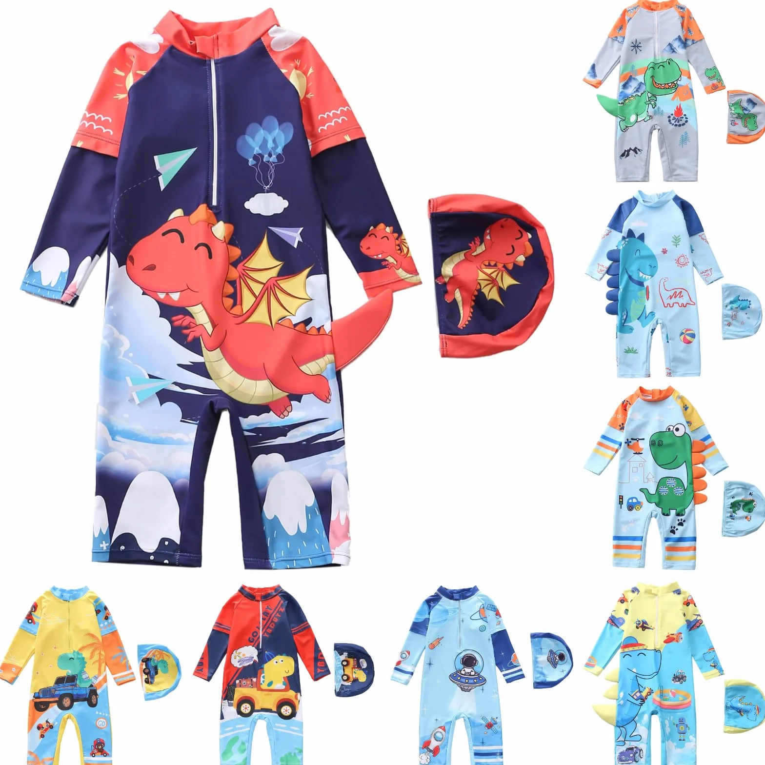 Bañador Niño 3D Cola Dinosaurio Traje Baño Manga Larga Protección Solar UPF 50+