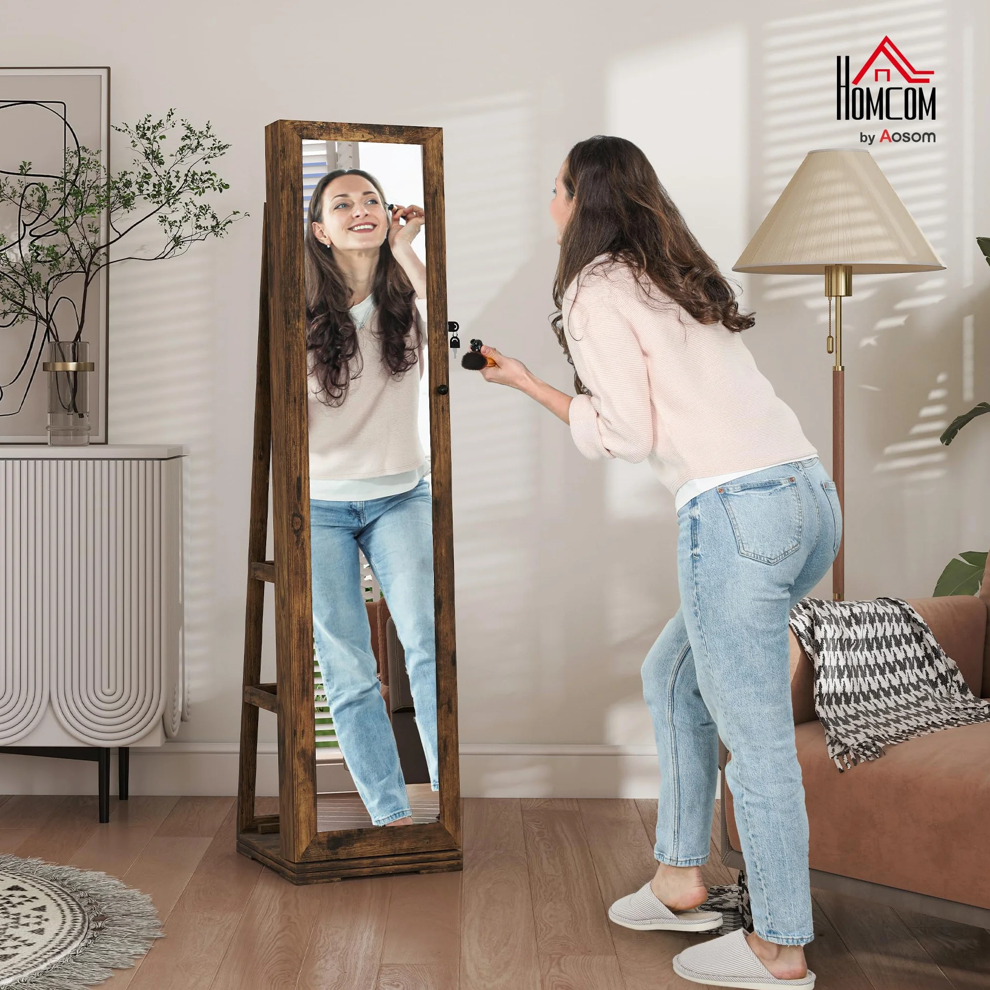 HOMCOM Espejo Joyero de Pie Giratorio 360° con Cerradura, Marrón Rústico