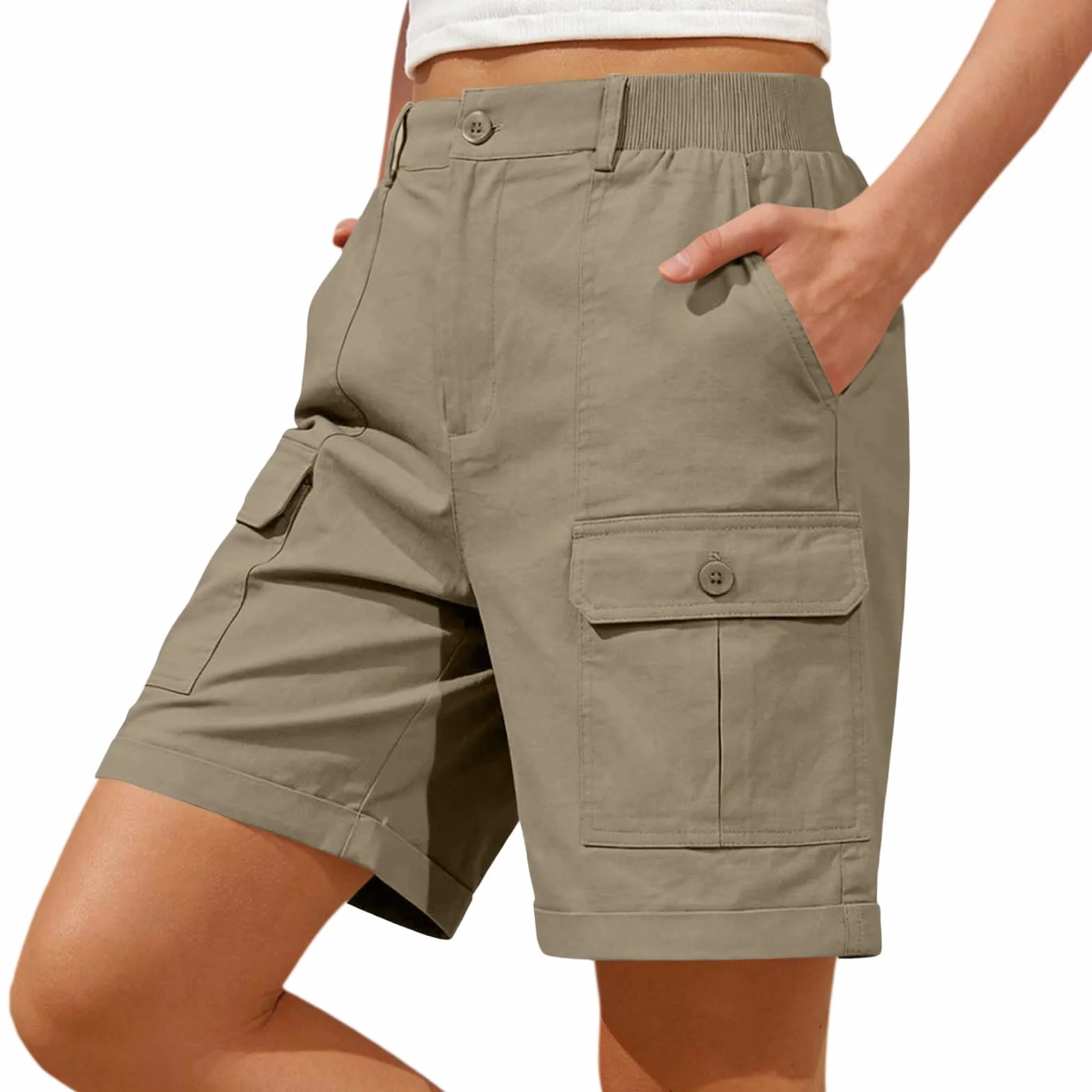 Pantalones Cortos Cargo para Mujer Bermuda Casual Verano Bolsillos Botones Pierna Ancha Cintura Alta Secado Rápido