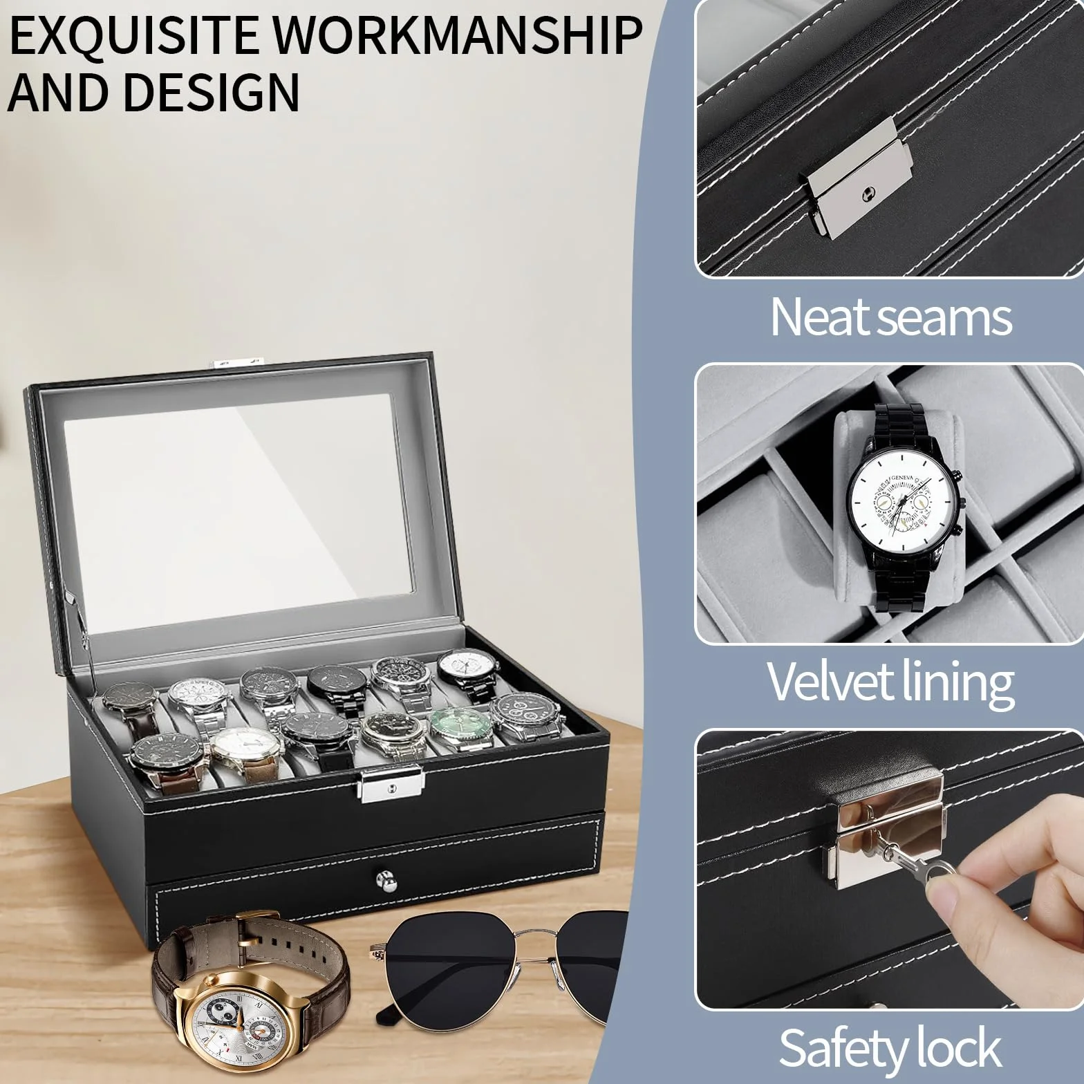 Caja de almacenamiento para relojes con tapa de cristal