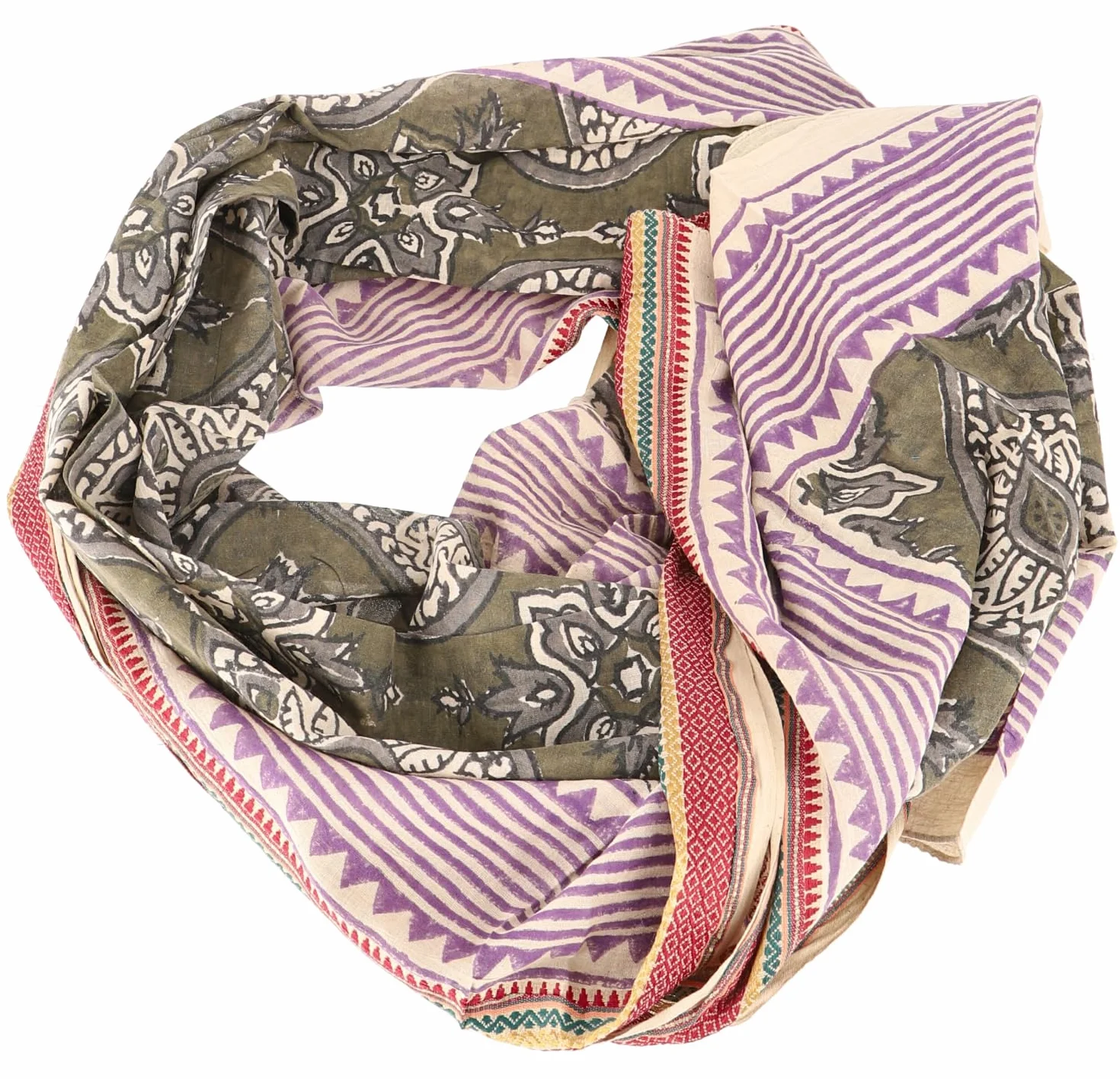 Pareo bufanda ligera de algodón estampada a mano 190x120 cm verde oliva rosa