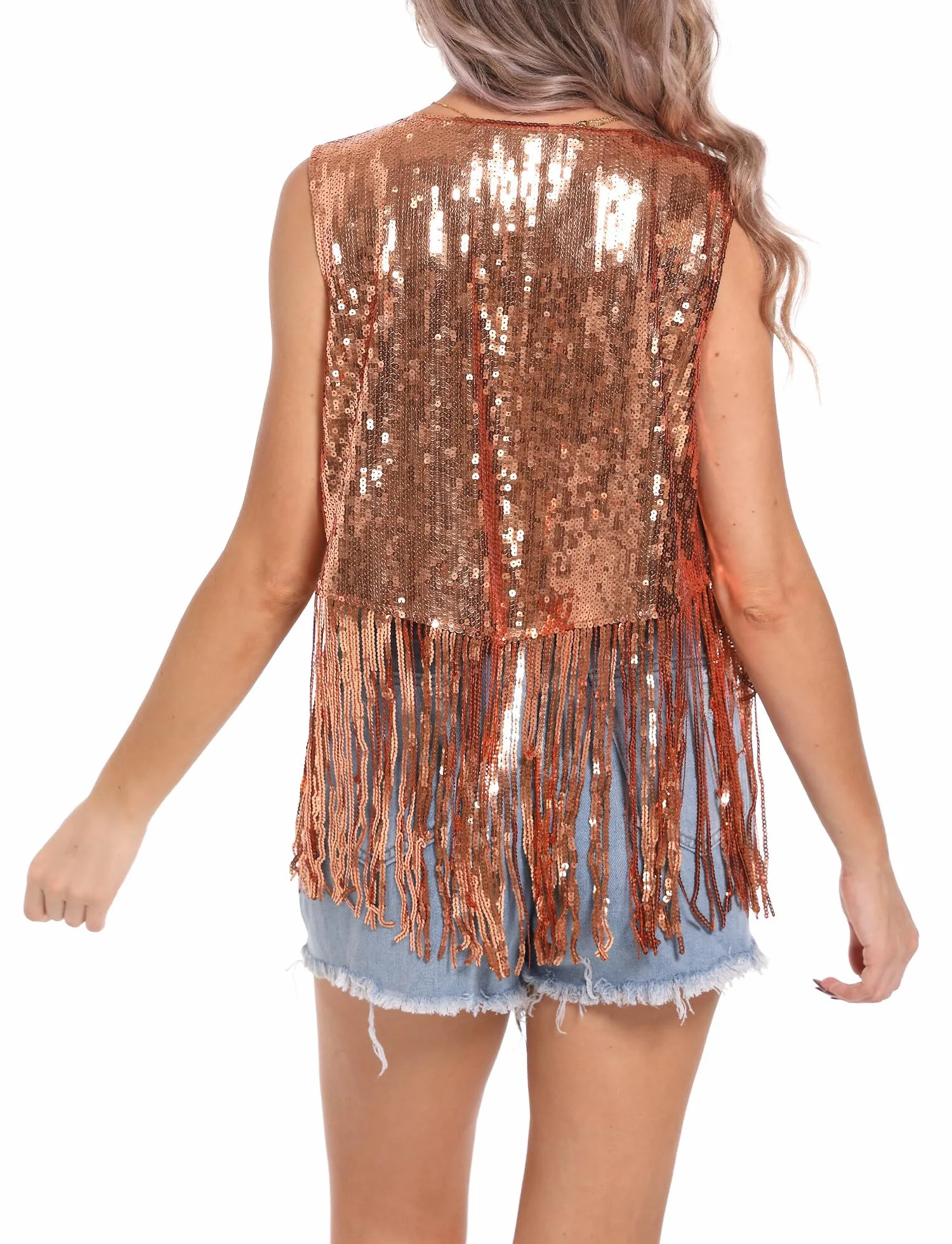 FEOYA Chaleco con flecos de lentejuelas para mujer, tops brillantes con purpurina, camisa de discoteca, cárdigan con borlas, traje occidental