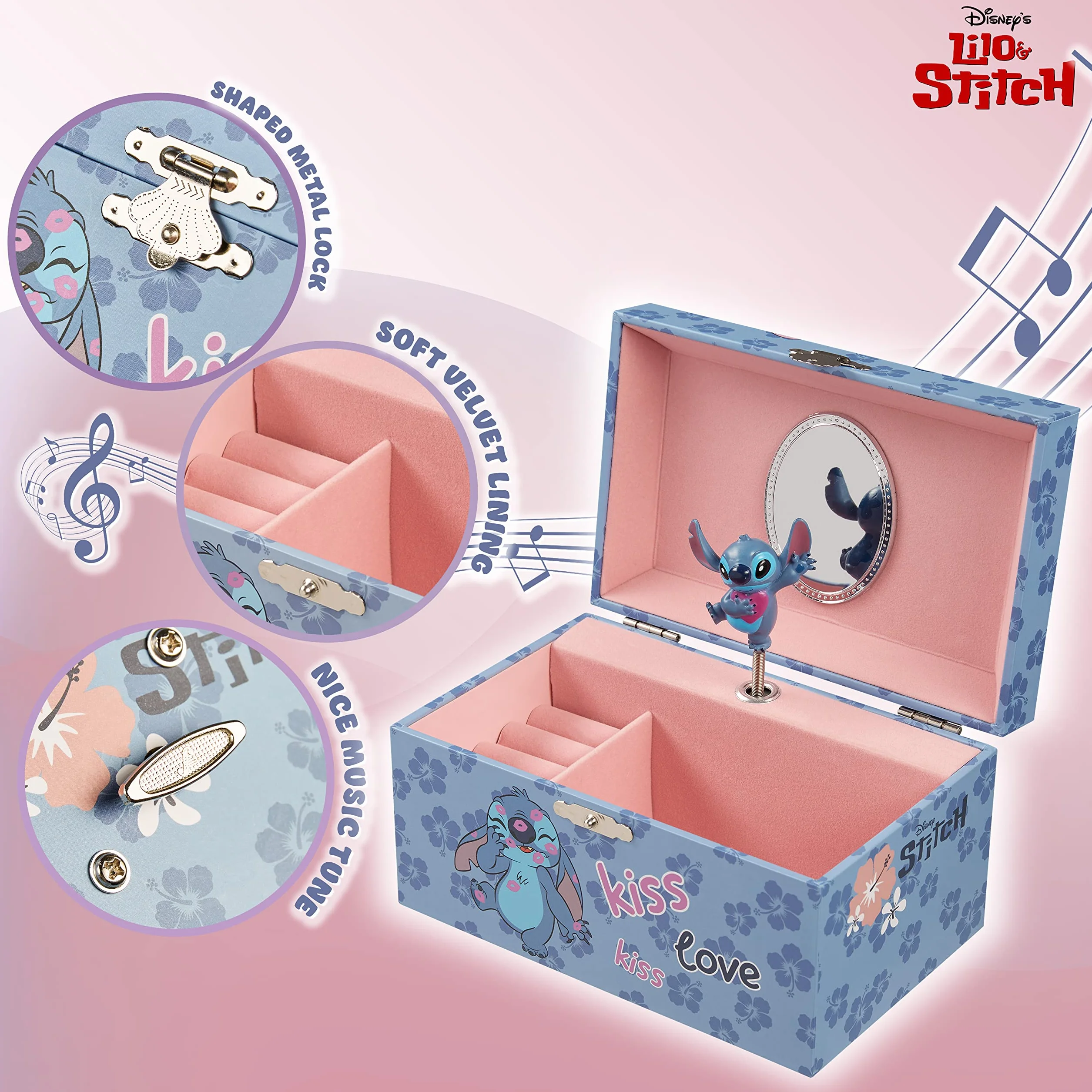 Disney Stitch Joyero Musical Niña Adolescente Organizador con Espejo Regalo Azul