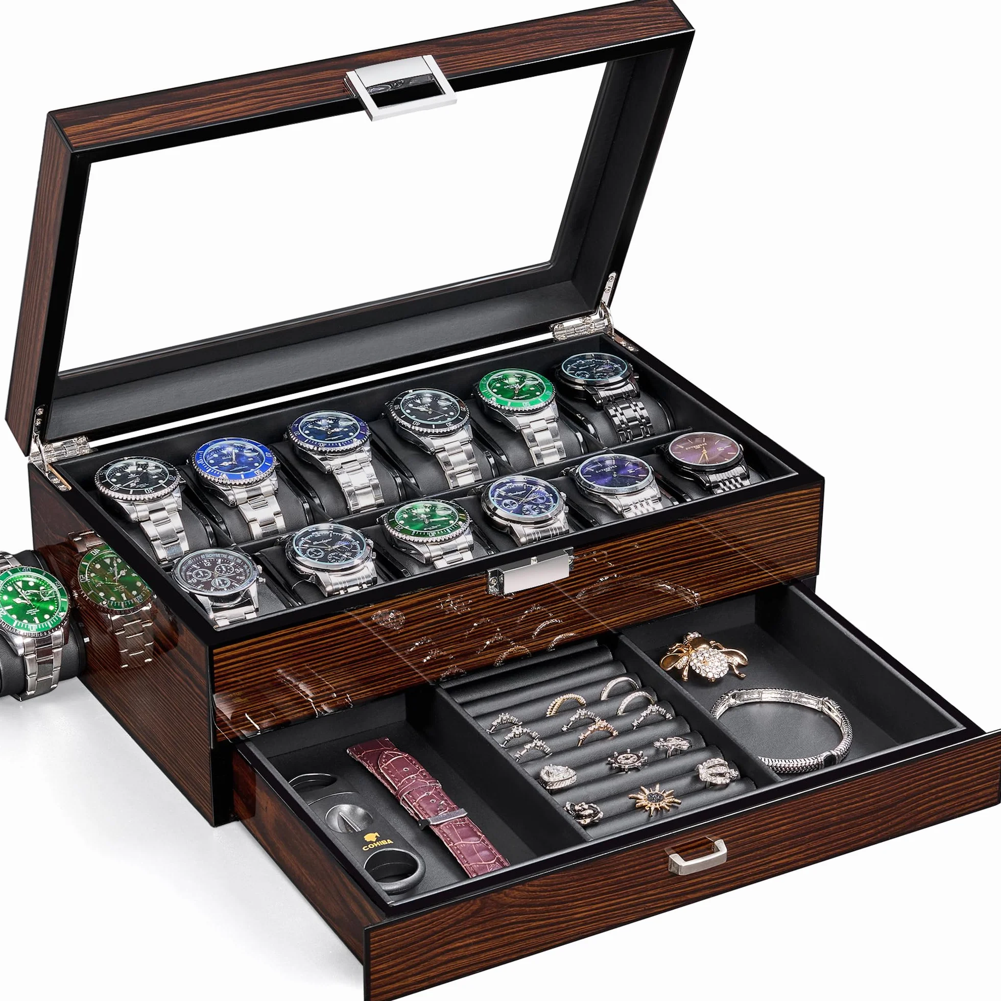 BEWISHOME Caja para 12 relojes de lujo con tapa de cristal y bisagra de metal, marrón