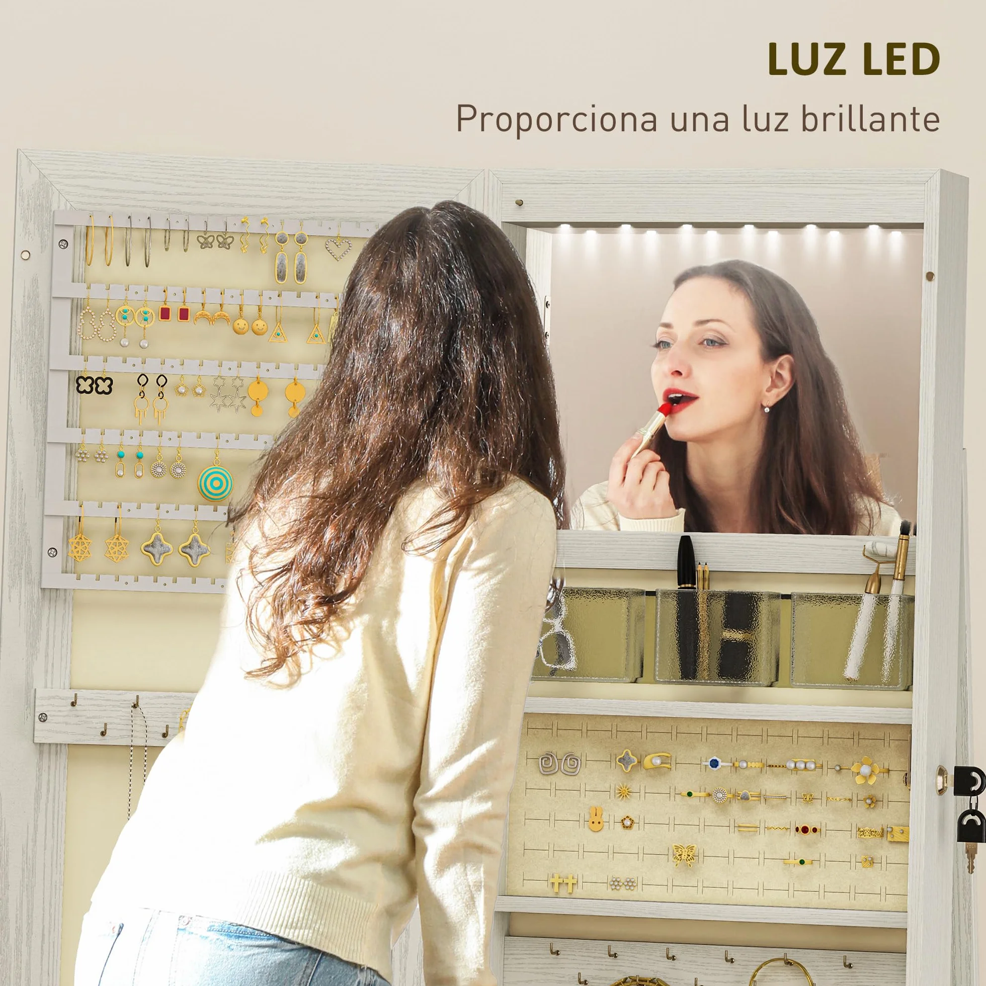 HOMCOM Espejo Joyero de Pie con Luces LED y Cerradura Armario de Joyas Blanco Veta Madera