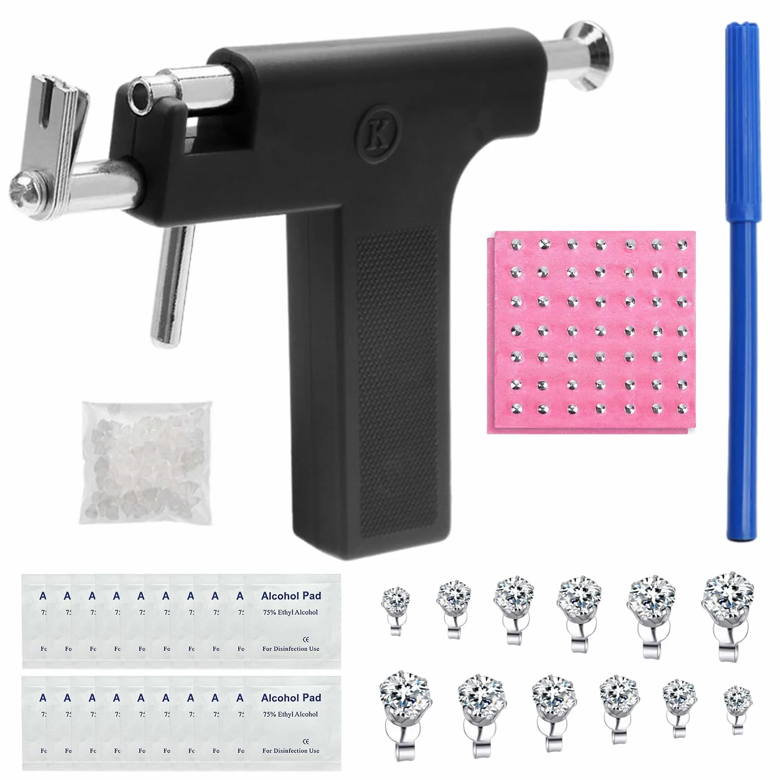 Pistola de Pendientes de Acero Inoxidable con 98 Perforadoras, 12 Pendientes, 20 Algodón Alcohol, Piercing para Labios Ombligo Nariz Cuerpo