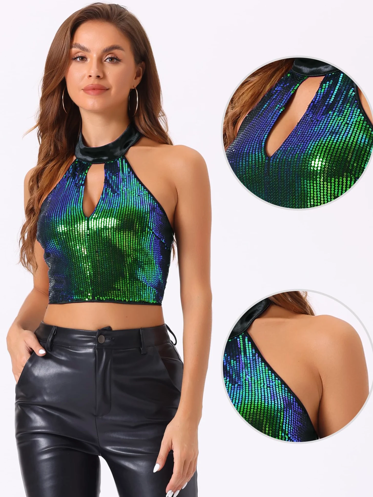 Allegra K Mujer Top Crop Lentejuelas Metalizadas Cuello Halter Halloween | Tie Front Closure Sleeveless Design Night Out Disco Festival Cropped Silhouette Sparkly Sequin