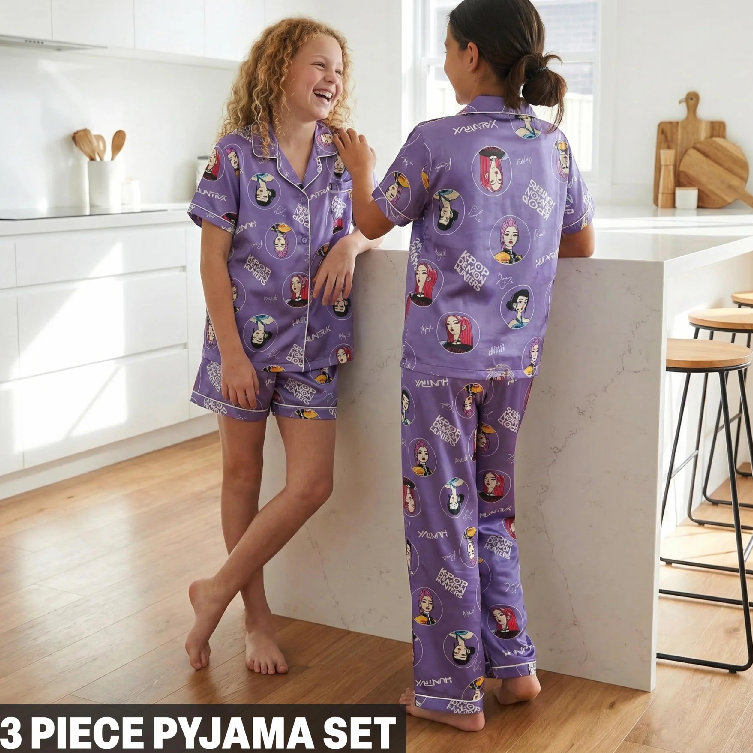 Pijama Niñas 5-14 Años Conjunto Satén 3 Piezas Camiseta Manga Corta Pantalon Largo y Corto