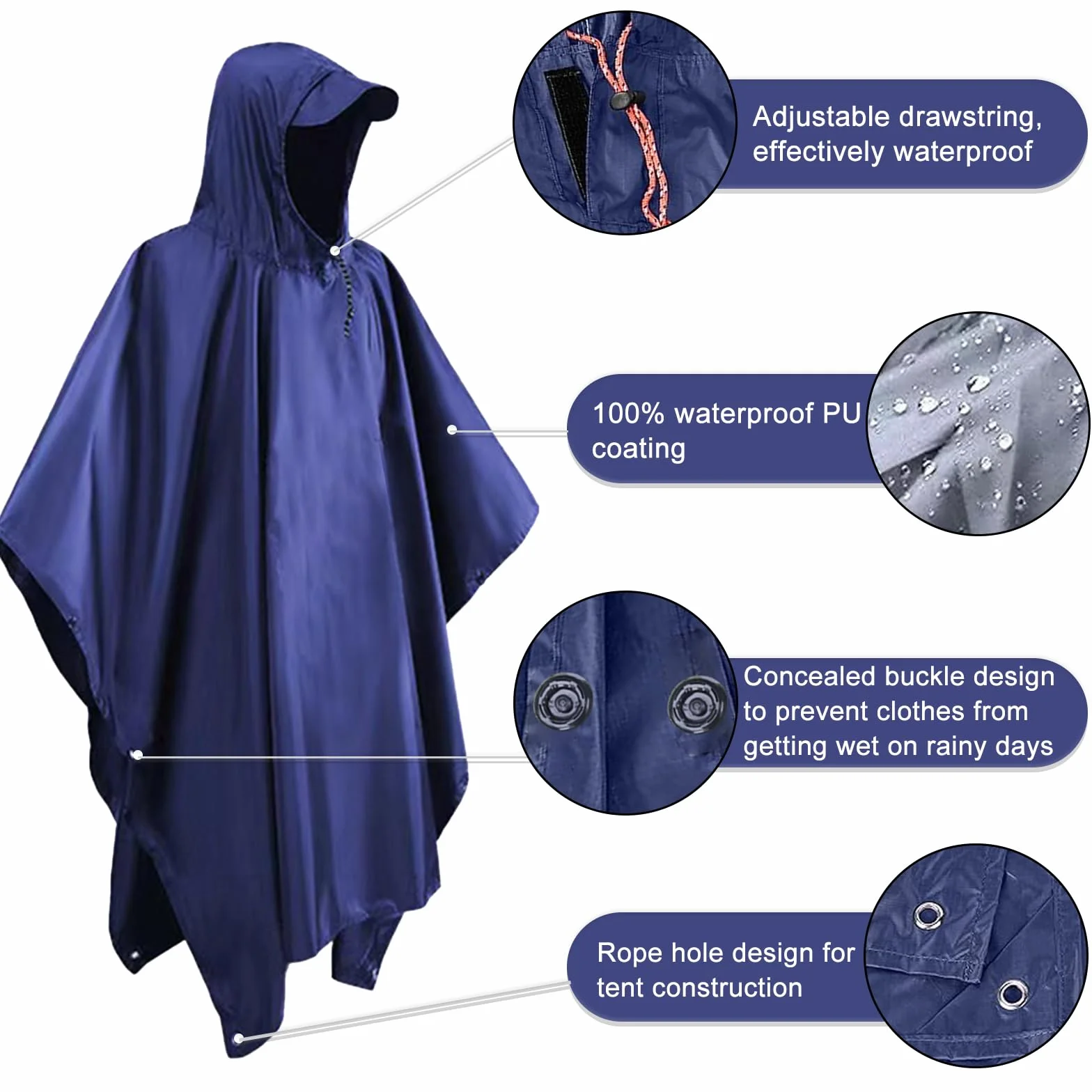 Poncho de Lluvia Impermeable 3 en 1 Multifuncional, Ultrafino Transpirable, Toldo Manta, Estera de Camping, Ligero Reutilizable Azul