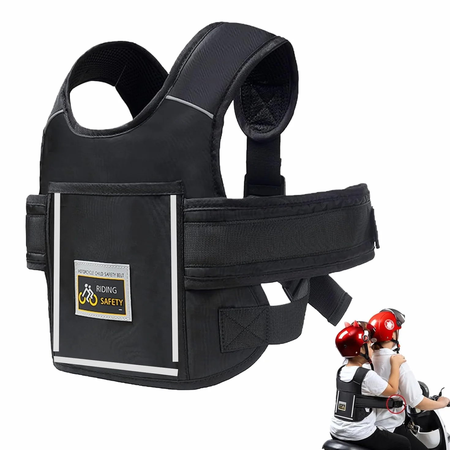 Cinturón de Moto con Bolsillo para Niños, Ajustable con Rayas Reflectantes Negro, Protección Anti-caída 1-12 Años