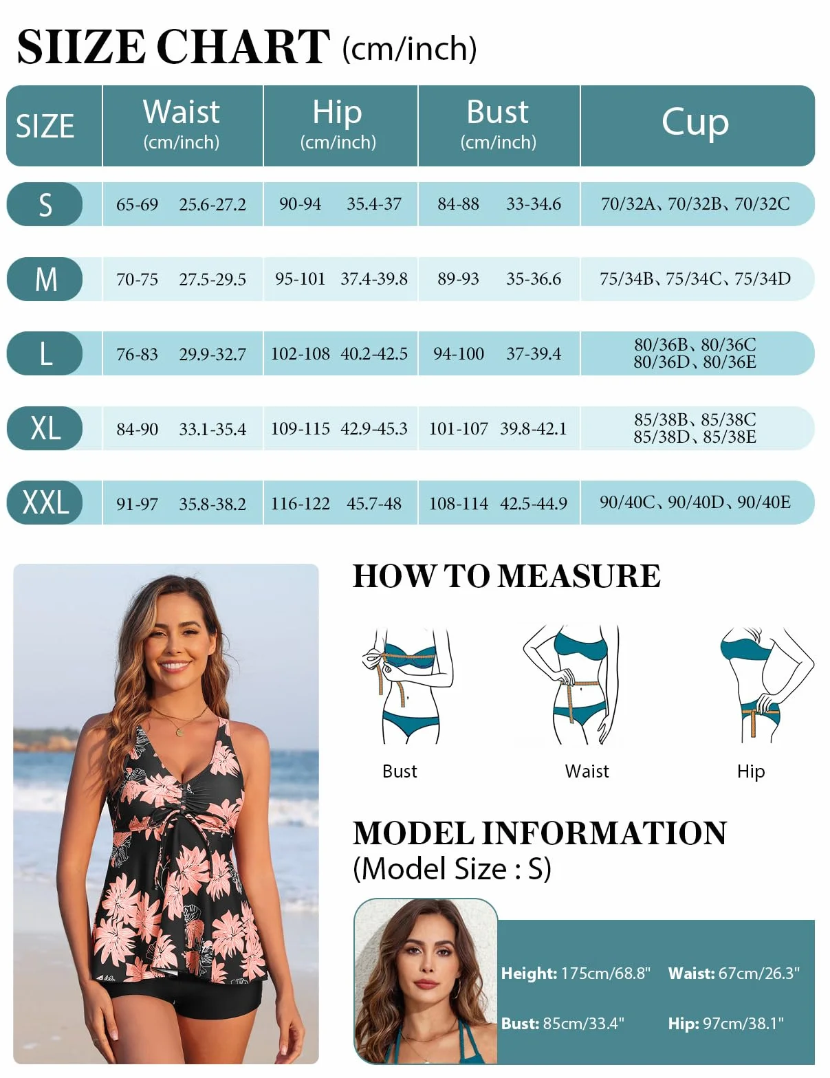 Nadeer Tankinis Mujer Traje de Baño 2 Piezas Cuello en V Push up Bikini Set Estampado Floral con Pantalones Cortos