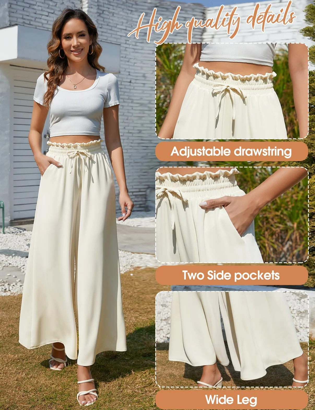 CMTOP Pantalones Mujer Palazzo Ligeros Elásticos Cintura Alta Casual Anchos Suelto Cómodos Flojo Playa Bolsillos Cordón