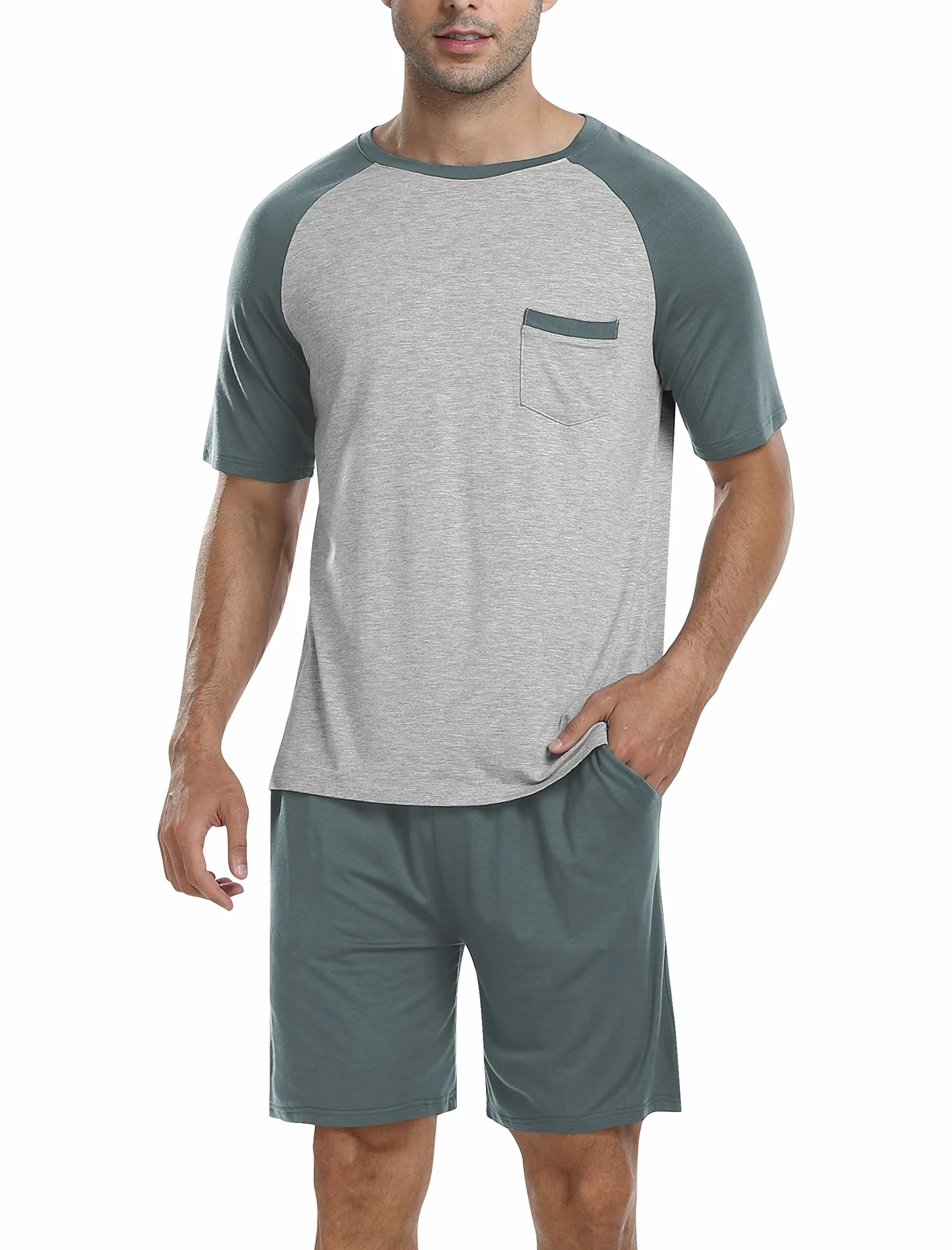 MoFiz Pijamas Hombre Verano Suave Conjunto de Pijama Corto Dos Piezas con Bolsillos