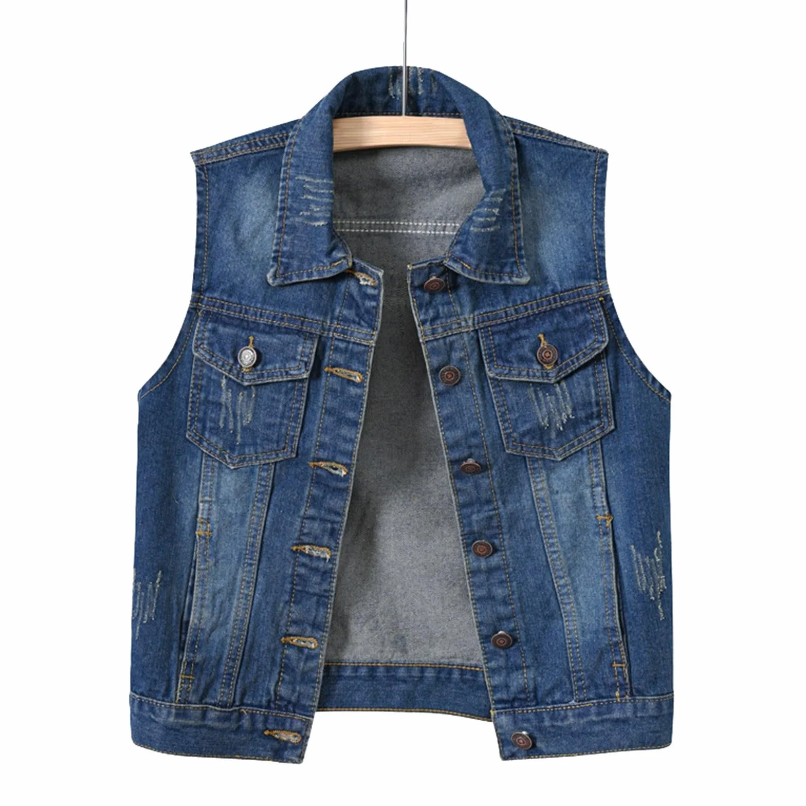 Chaleco vaquero sin mangas para mujer, chaqueta vaquera para otoño e invierno, efecto de lavado, botón hacia abajo, chaleco azul oscuro, chaqueta vaquera, chaqueta vaquera, chaqueta vaquera,
