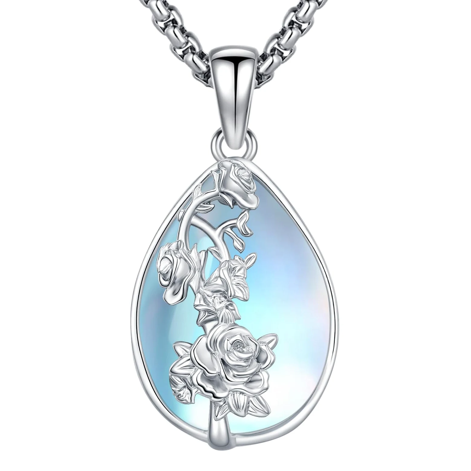 Eusense Collar Piedra Lunar, Turquesa, Amatista y Lapislázuli de Lágrima con Diseño de Rosa Regalo para Mujer, para San Valentín, Dia de la Madre, Aniversario o Cumpleaños