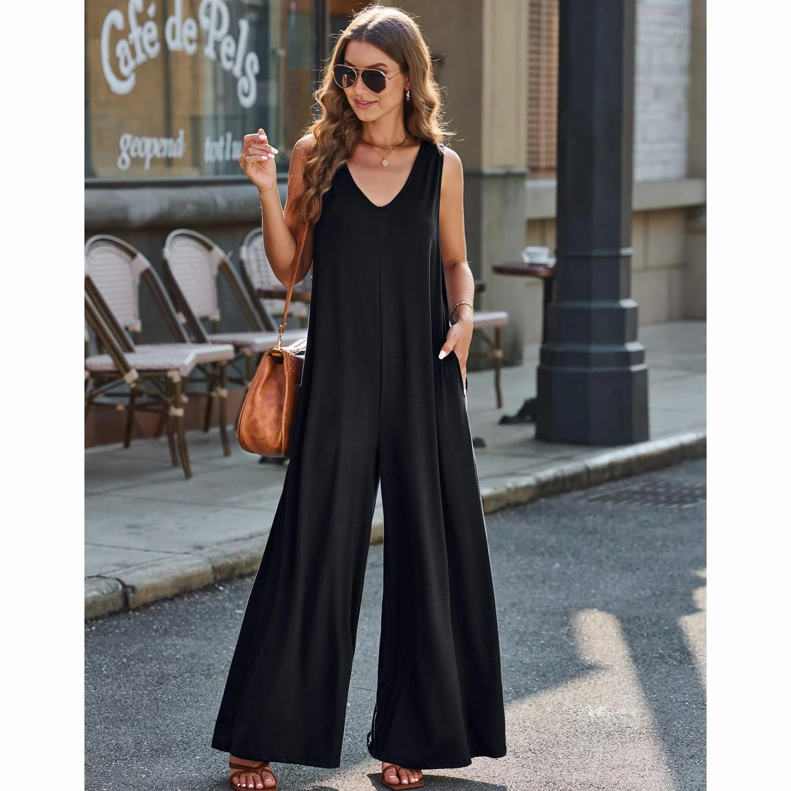 Mono Mujer Jumpsuit Sin Mangas Largo Pierna Ancha Pantalón Rompers Verano Tirantes Anchos Overol Cuello en V